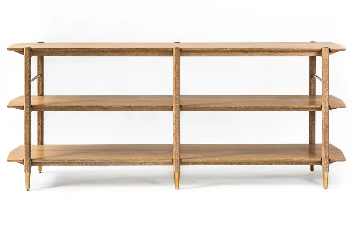 Light wood shelving unit with three tiers and vertical supports, featuring clean lines and warm natural finish by KWH Furniture.