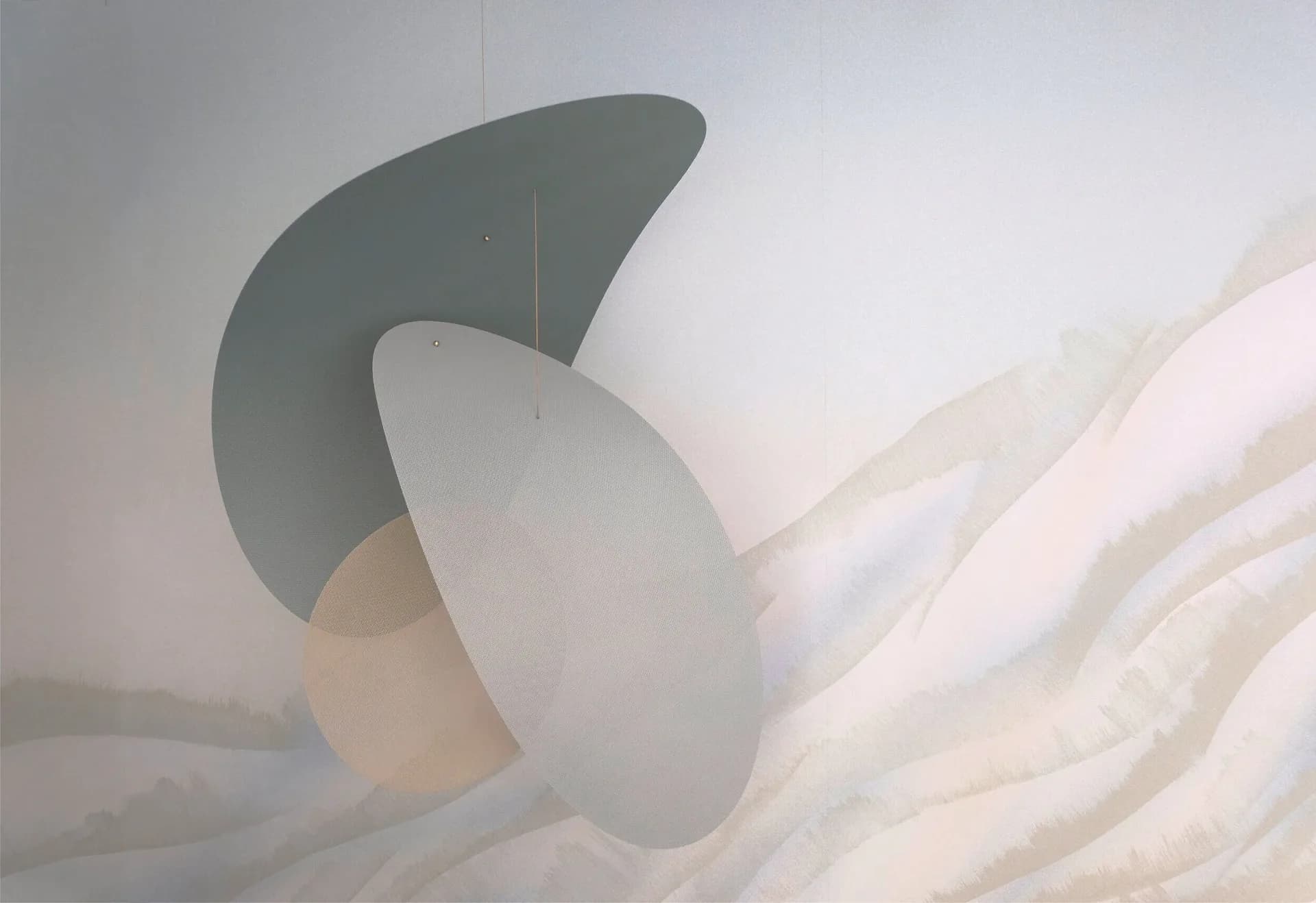 Abstract sculptural installation featuring curved geometric forms in gray, white, and beige tones with soft, diffused lighting by Ladies & Gentlemen Studio.