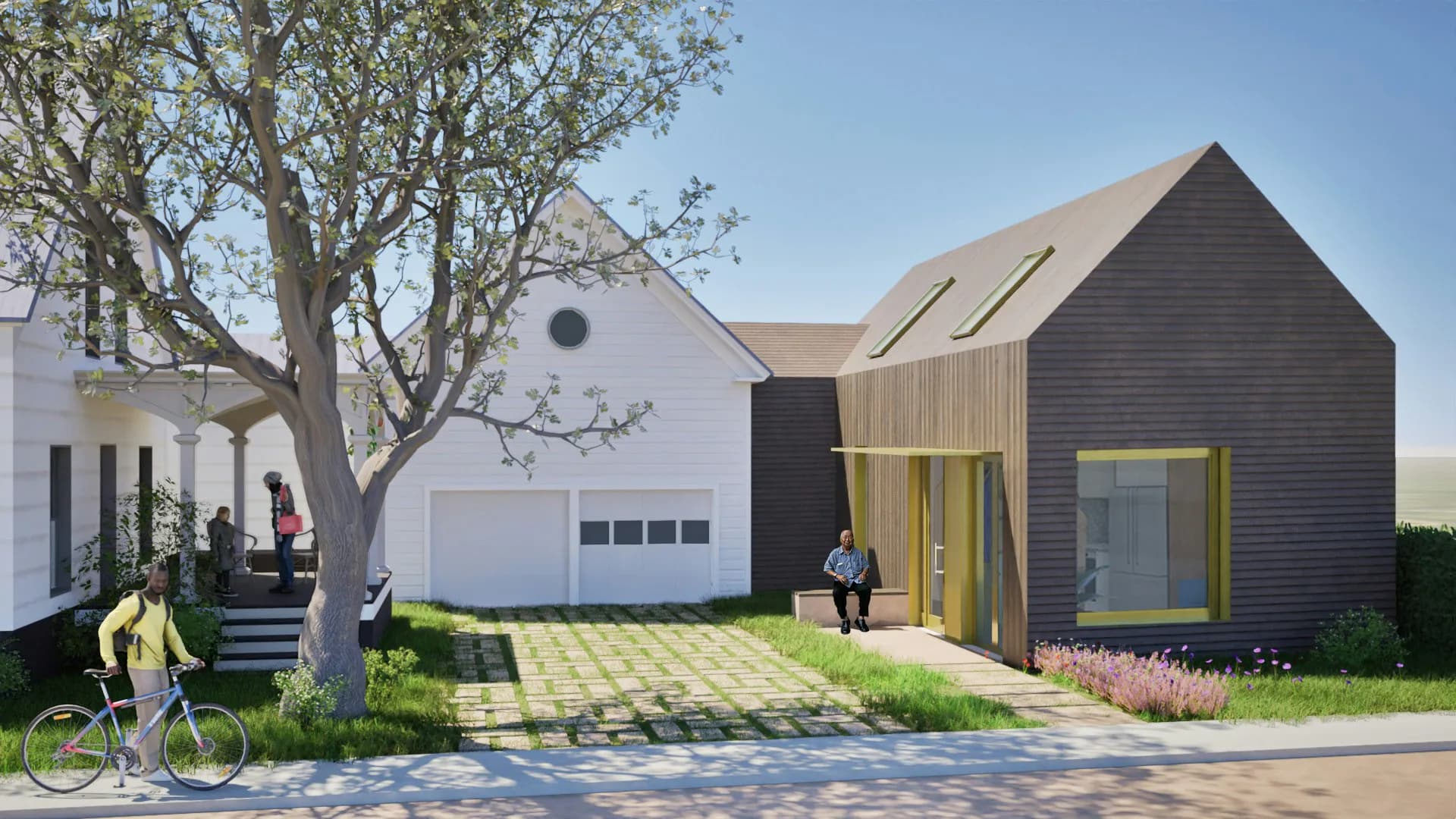 Architectural rendering of contemporary residential compound with white and dark-clad volumes, integrated landscaping, and figure studies, by Leibin Architecture.