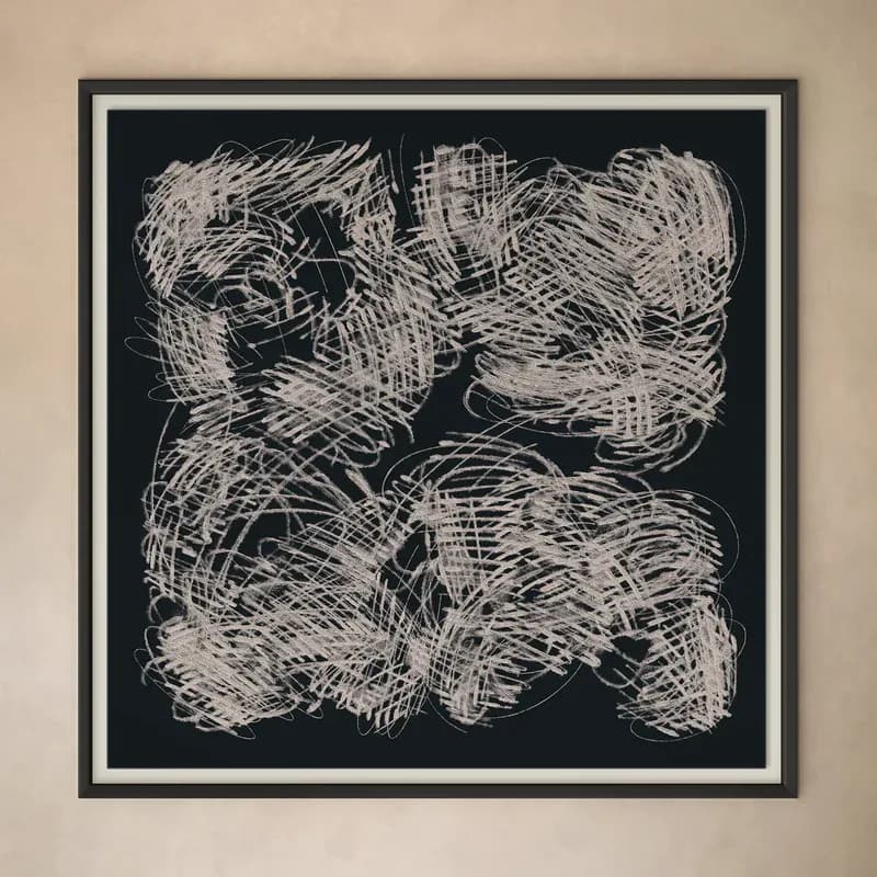 Abstract black and white drawing with gestural white linework and crosshatching creating six organic, textured forms against a dark background by Lemieux et Cie.