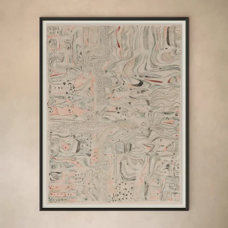 Abstract architectural or conceptual drawing with layered linework, organic flowing forms, and muted pink and gray tones throughout the composition by Lemieux et Cie.
