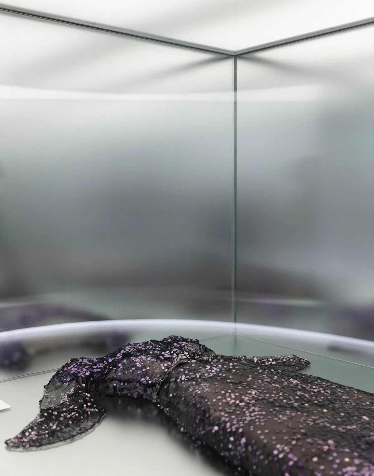 Dark textured sculptural form displayed on white surface within minimalist glass enclosure by Leong Leong.