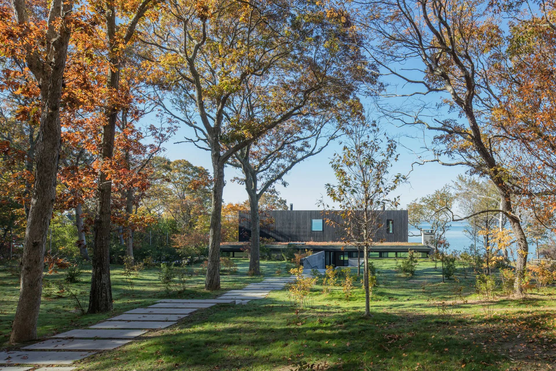 Modern dark-clad residence on manicured grounds framed by autumn trees and curved pathway, designed by Leroy Street Studio.