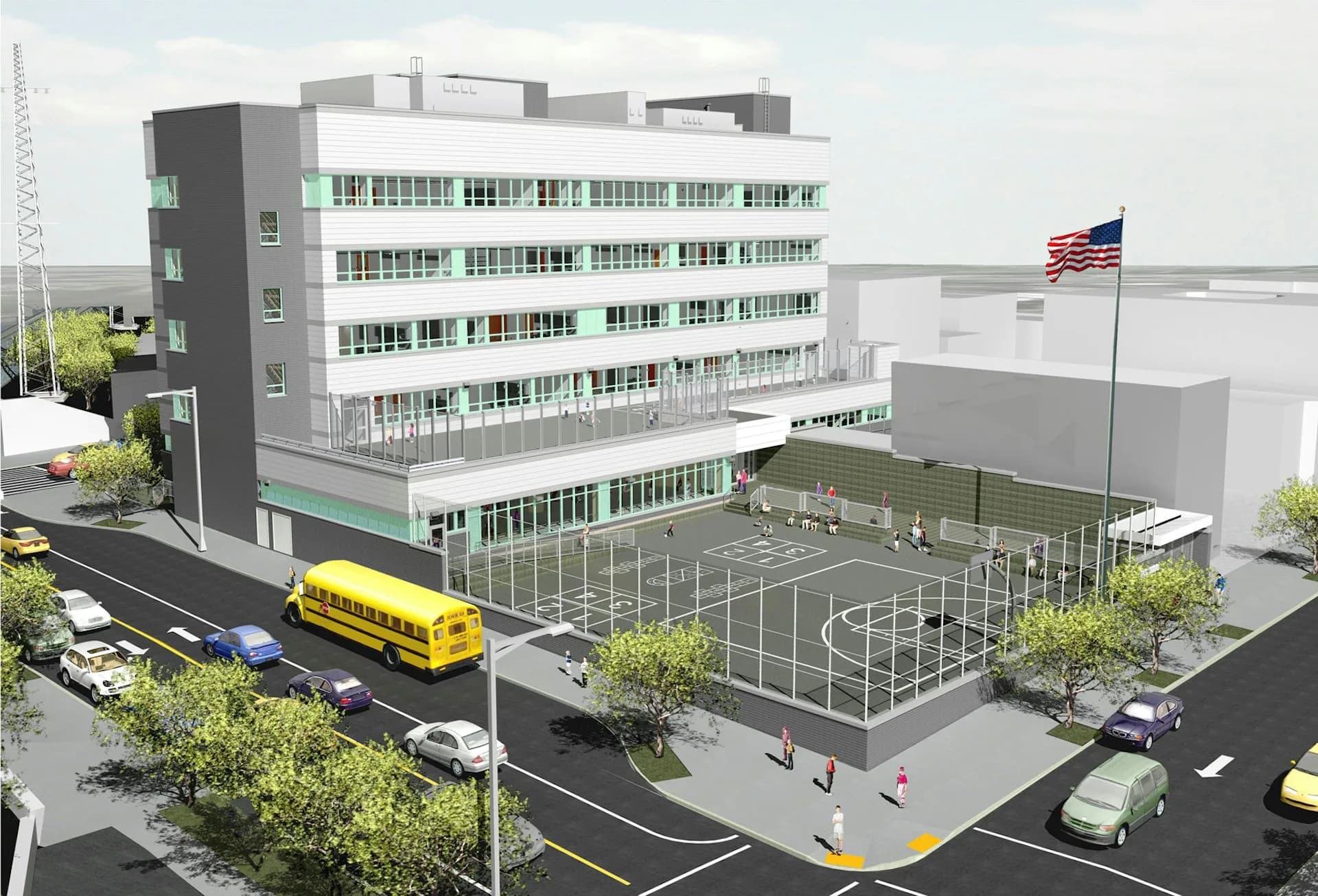 Modern mixed-use building with gray and white facades, ground-floor sports court, yellow bus, landscaping, and American flag by LHP Architects, PLLC.