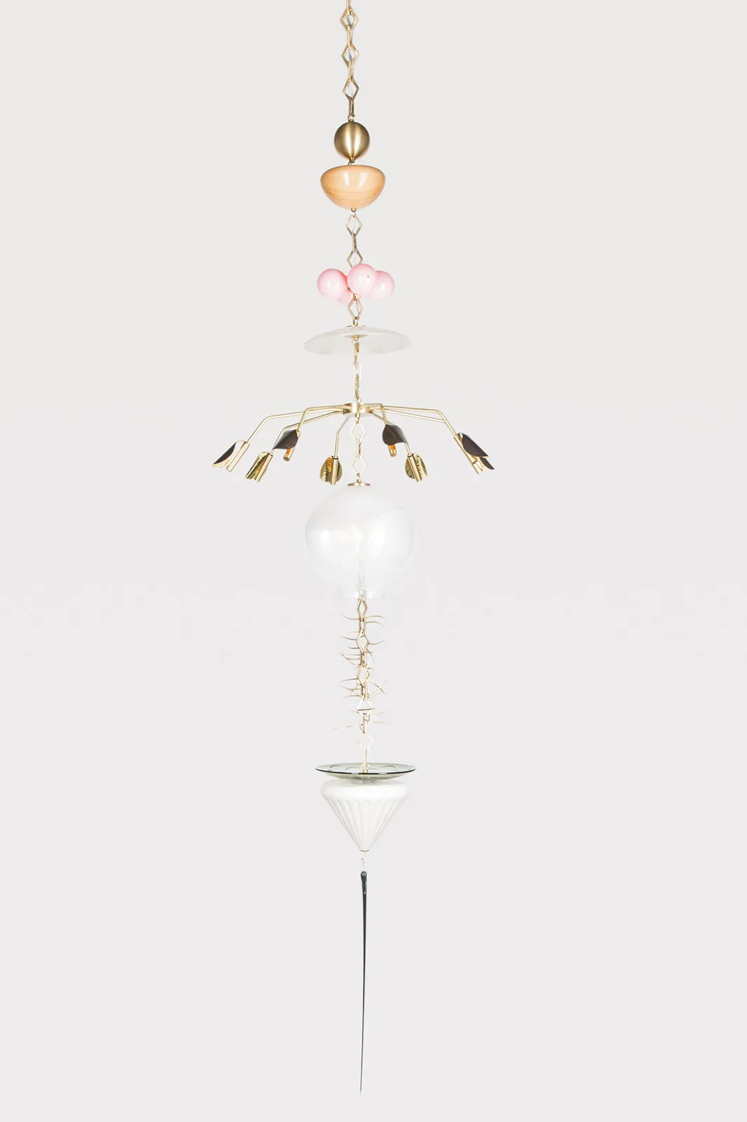 Delicate hanging mobile chandelier with brass framework, frosted glass diffuser, and decorative beads in blush and gold tones by Lindsey Adelman Studio.