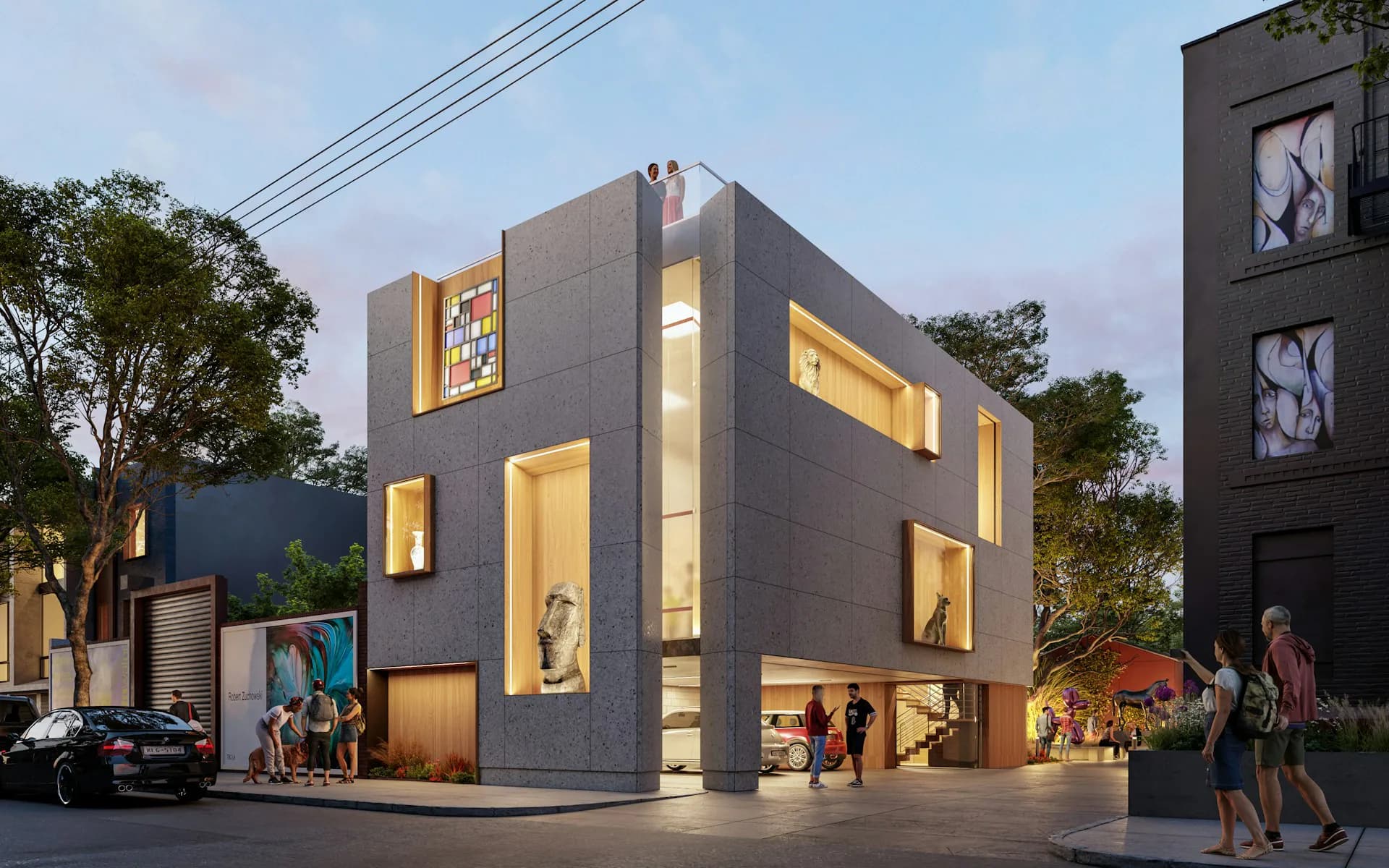 Modern cubic residential building with warm interior lighting, dark exterior cladding, and large glazed openings designed by Loci Architecture PLLC.