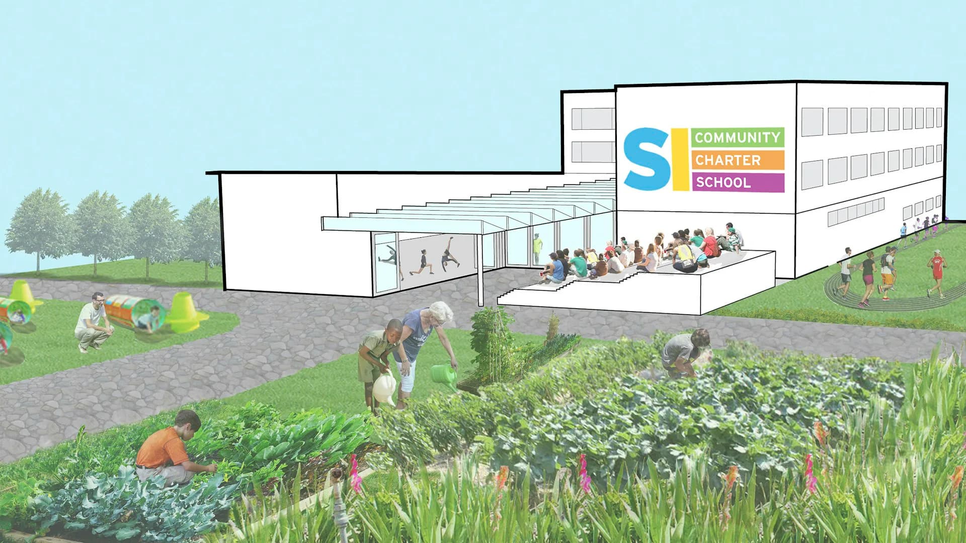 Architectural rendering of a modern community school with sustainable green spaces, vegetable gardens, and outdoor learning areas designed by Louise Braverman Architect.