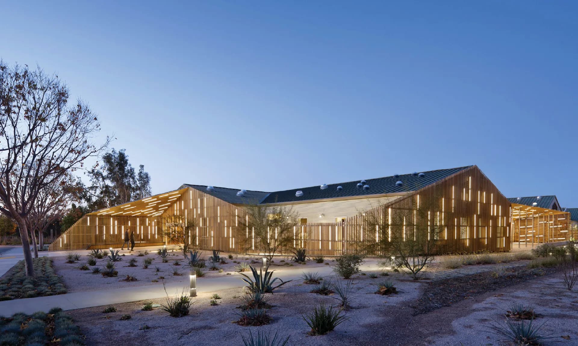 Modernist desert building with warm wood-slatted facades and angular rooflines, surrounded by native desert landscaping and soft evening light, by LTL Architects.