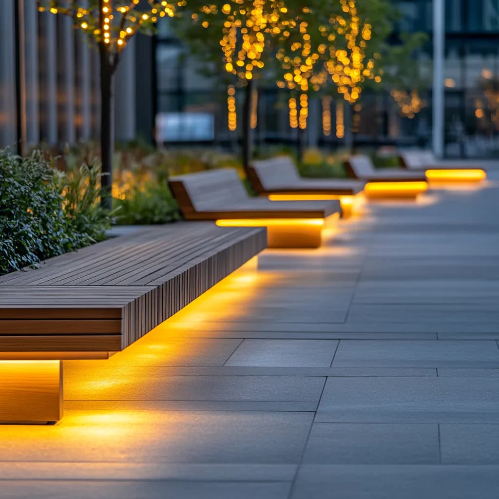 Evening courtyard featuring illuminated wooden benches with integrated LED strip lighting along a paved plaza, complemented by warm uplighting on trees by Lux Foundry.