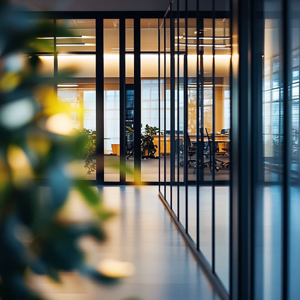 Modern office interior with black vertical steel framing, warm ambient lighting, polished concrete flooring, and green plants by Lux Foundry.