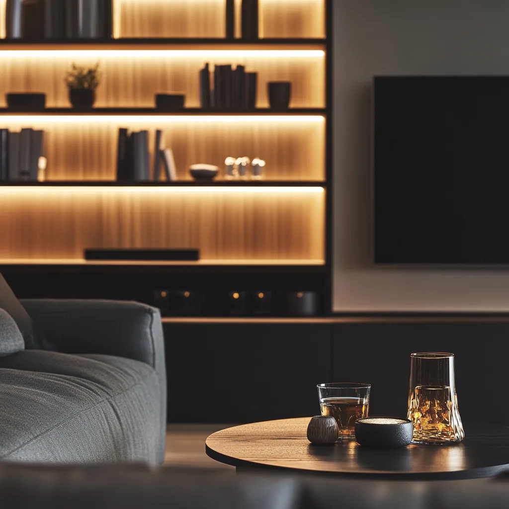 Modern luxury living space with warm-lit floating shelving, dark furniture, and a round table with amber glassware by Lux Foundry.