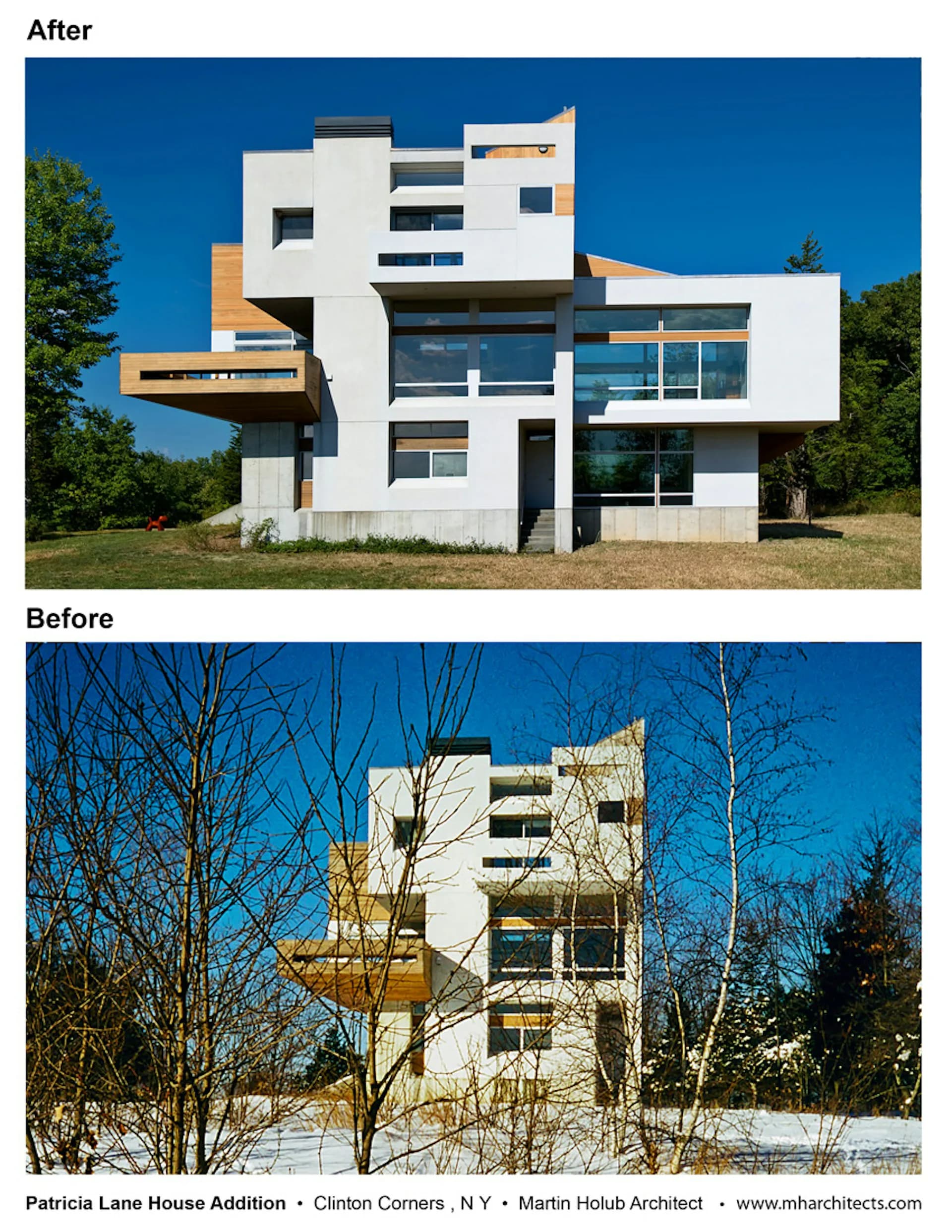 Before-and-after comparison of the Patricia Lane House Addition showing a modernist white building with geometric forms and orange/wood accents surrounded by trees, by Martin Holub Architects.