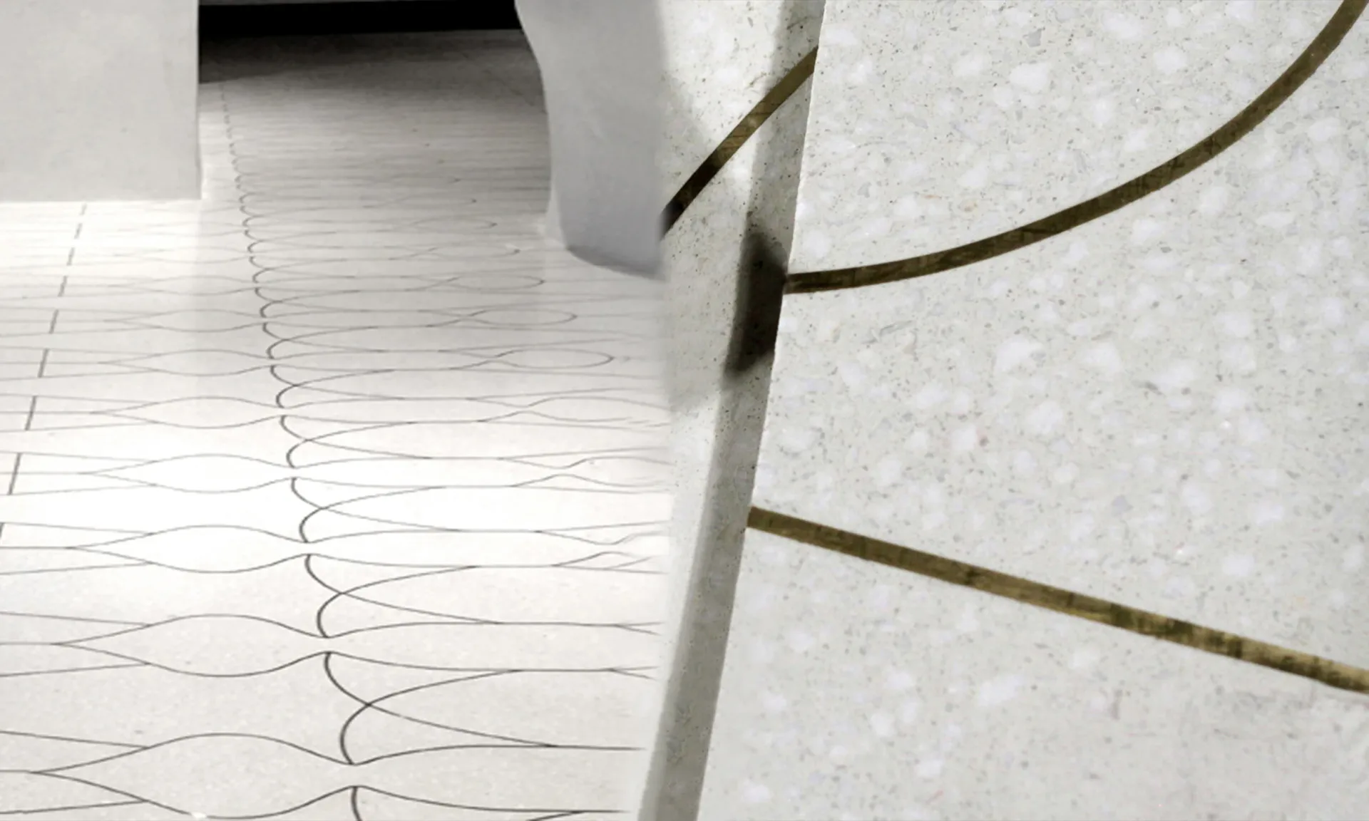 Minimalist interior corridor with white walls, polished concrete flooring featuring curved linear details, and olive-green metallic railings by MASTER Architectural Fabrication.