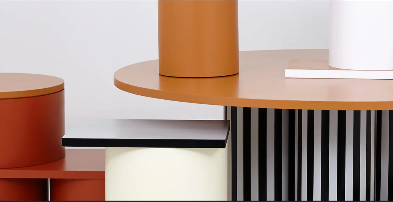 Modern furniture design featuring stacked cylindrical forms in terracotta and wood tones with geometric striped paneling and clean minimalist aesthetic by Matter Made.