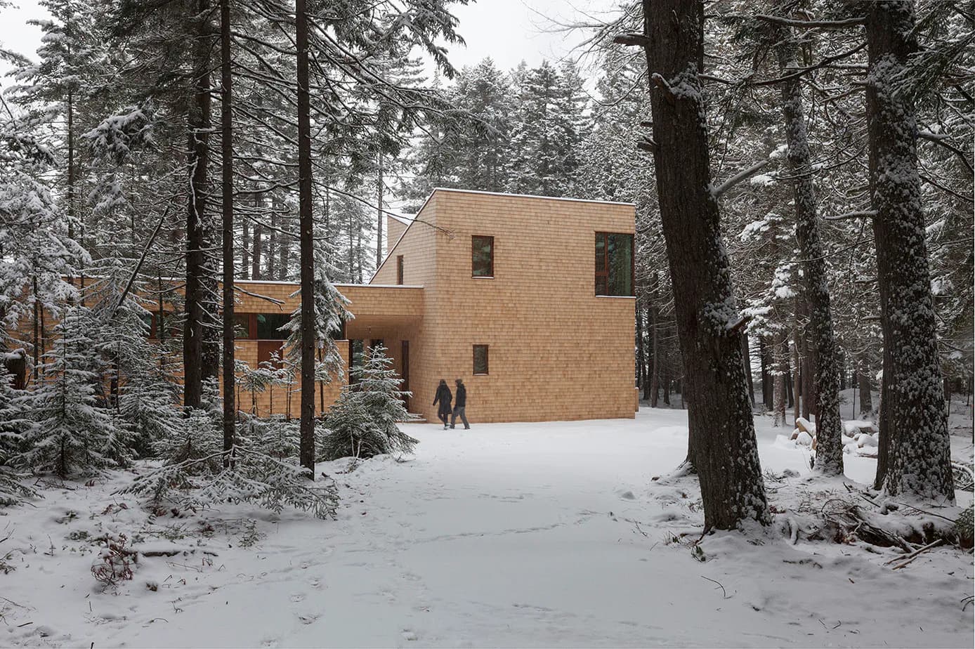 Modern brick residential building nestled among snow-covered evergreen trees, featuring geometric form and large windows, by Matthew Baird Architects.