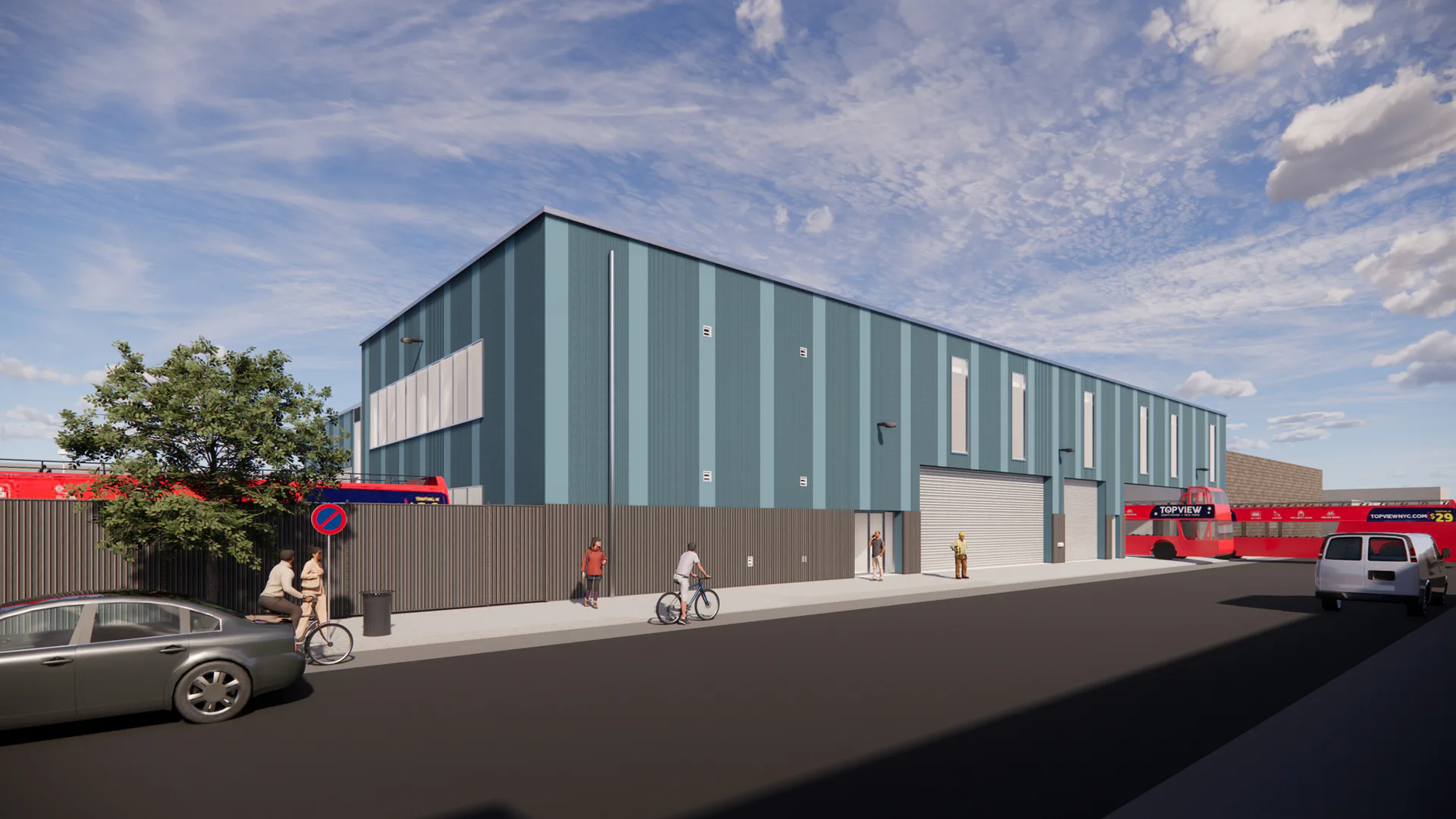 Architectural rendering of a modern industrial building with dark metal cladding and vertical window bands, featuring a fire station entrance with red vehicles and figures in the foreground, by Meltzer Mandl Architects, PC.