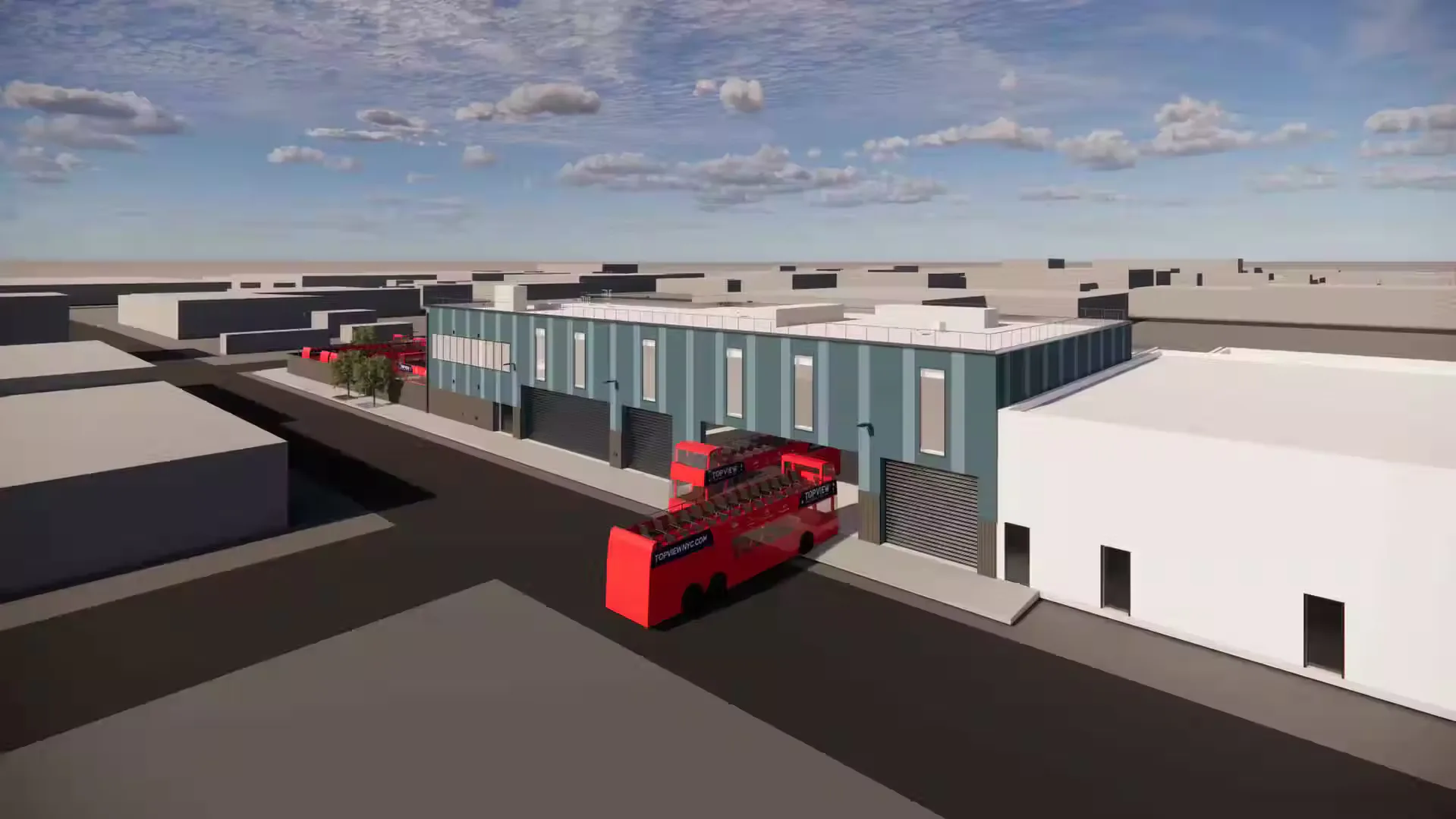Architectural rendering of a modern industrial facility with red fire truck, featuring glass and metal facade, concrete courtyard, and flat synthetic lighting typical of CGI visualization by Meltzer Mandl Architects, PC.