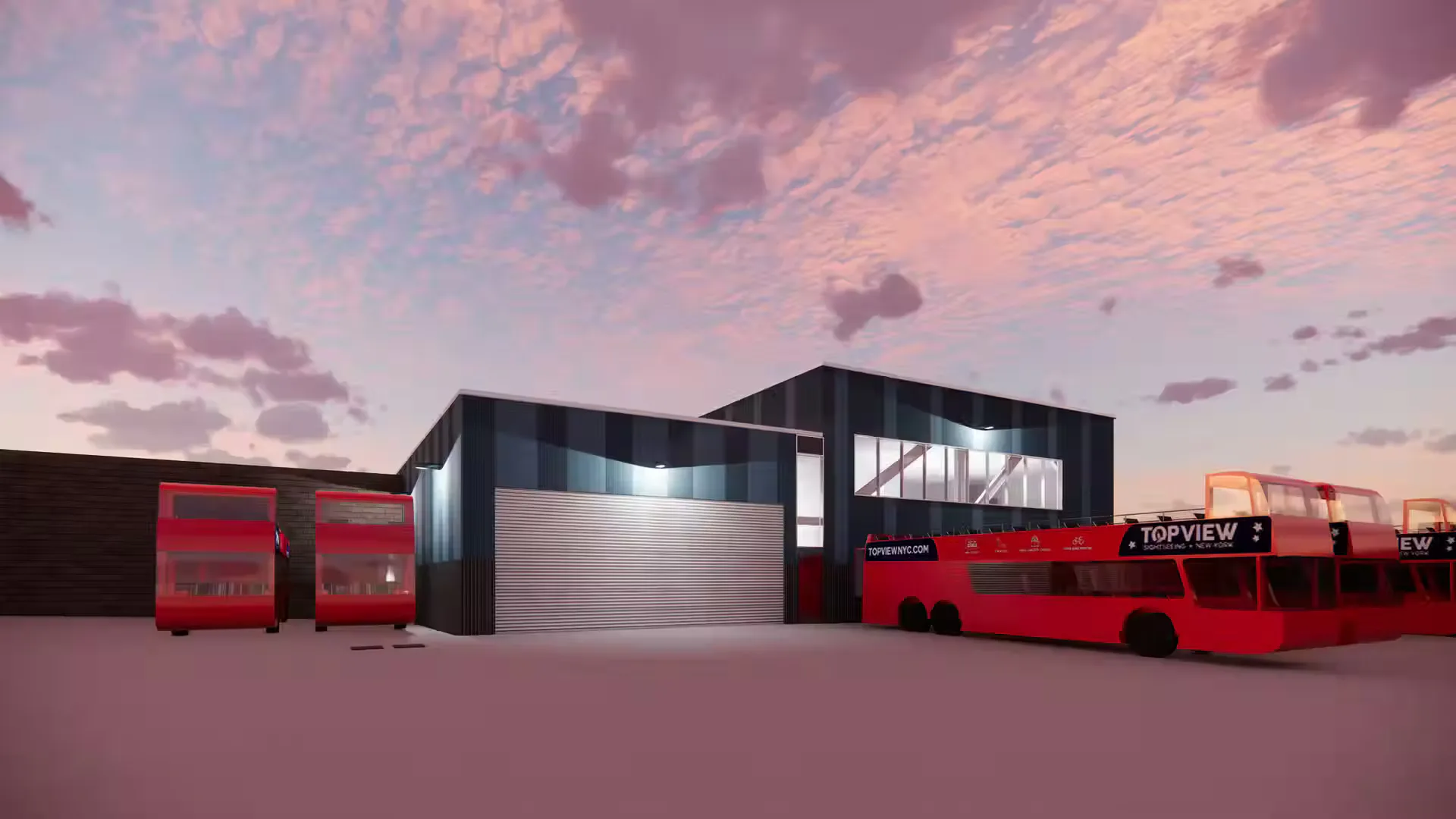Architectural rendering of a modern fire station with black and glass facade, red garage doors, and adjacent red double-decker buses against a dramatic sunset sky by Meltzer Mandl Architects, PC