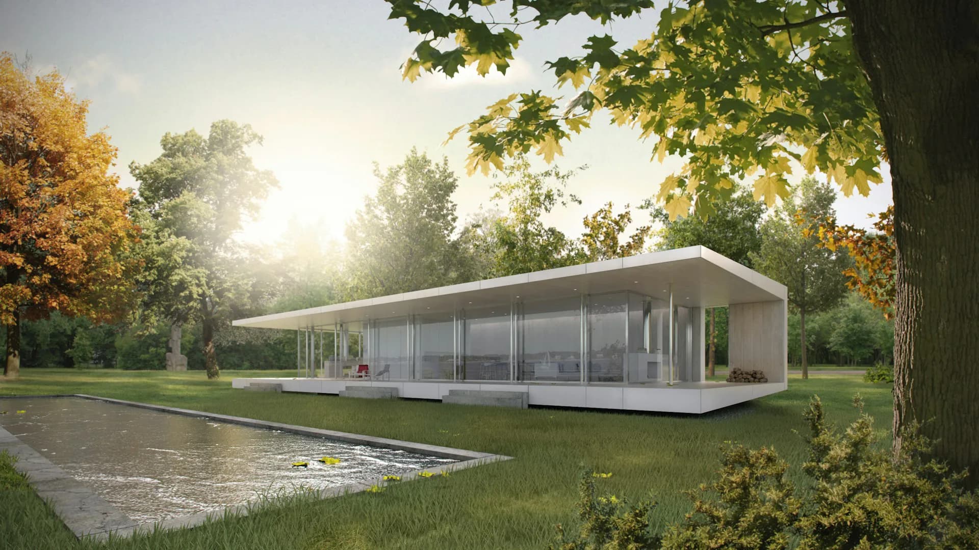 Modern residential pavilion with clean lines and extensive glazing nestled in a wooded landscape by Messana O'Rorke, featuring synthetic lighting and idealized material surfaces characteristic of architectural visualization.