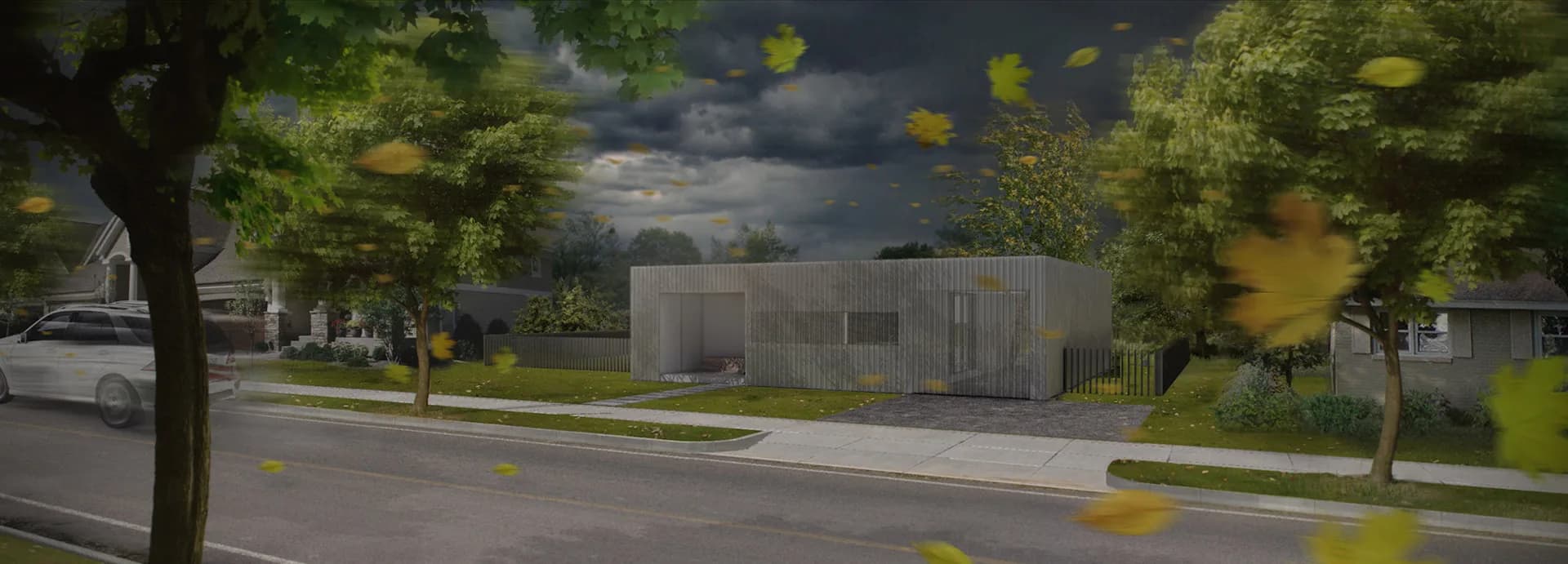 Modern residential structure with concrete facade situated on tree-lined street under dramatic cloudy sky, designed by Messana O'Rorke.