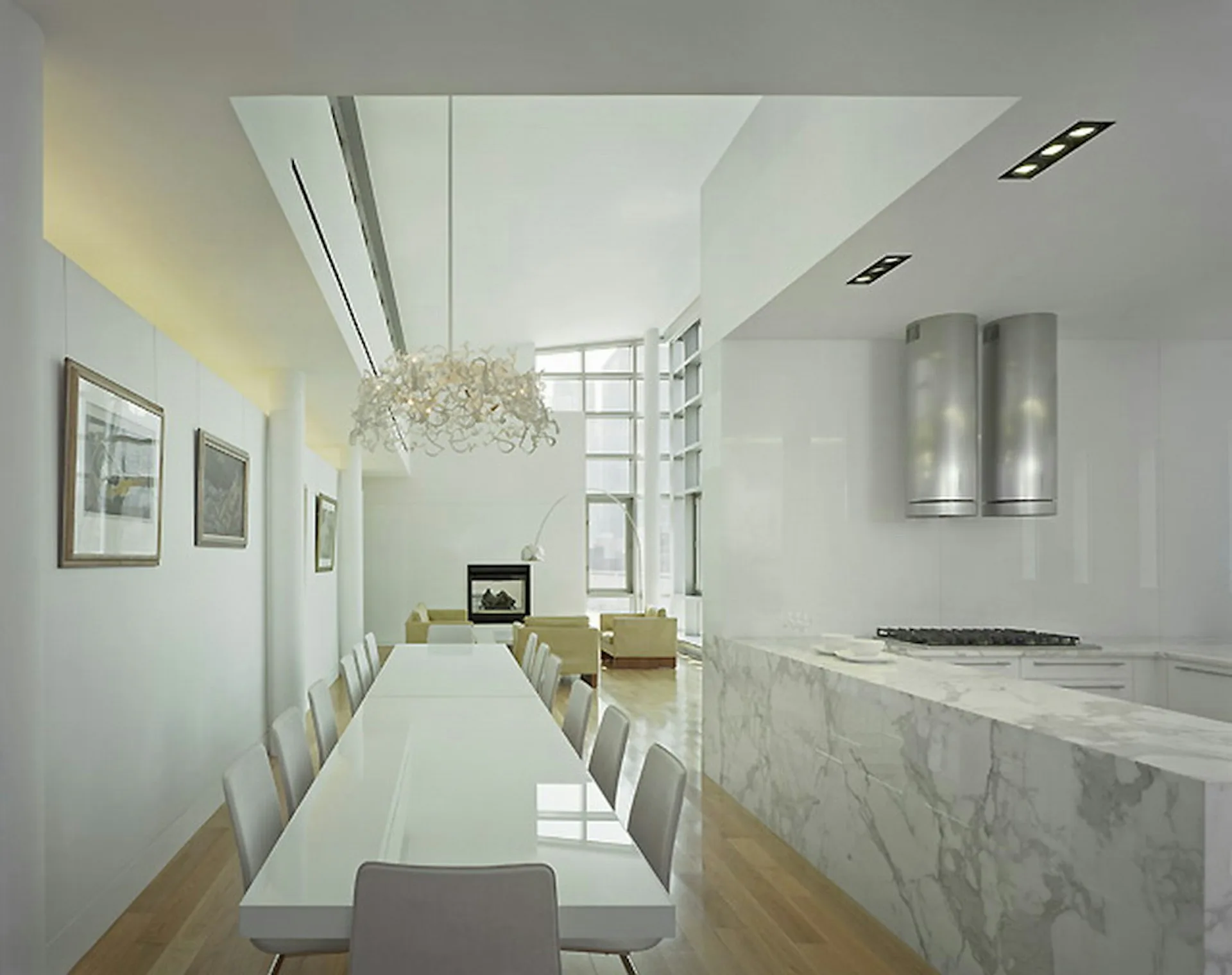 Modern kitchen and dining space with white walls, marble countertops, linear ceiling details, and pendant lighting, rendered by Metropolitan United Studio, PLLC.
