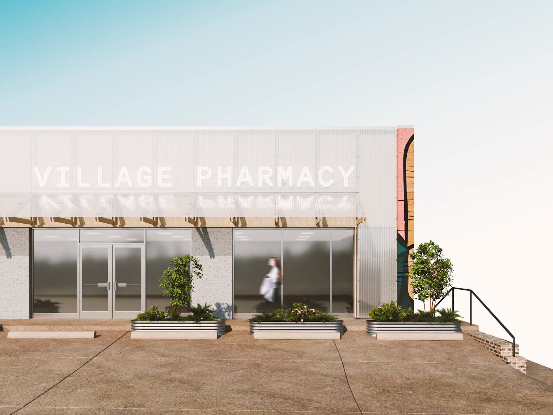 Minimalist storefront with clean lines, glass facade, and planted planters under clear sky, by MGDK Architects.