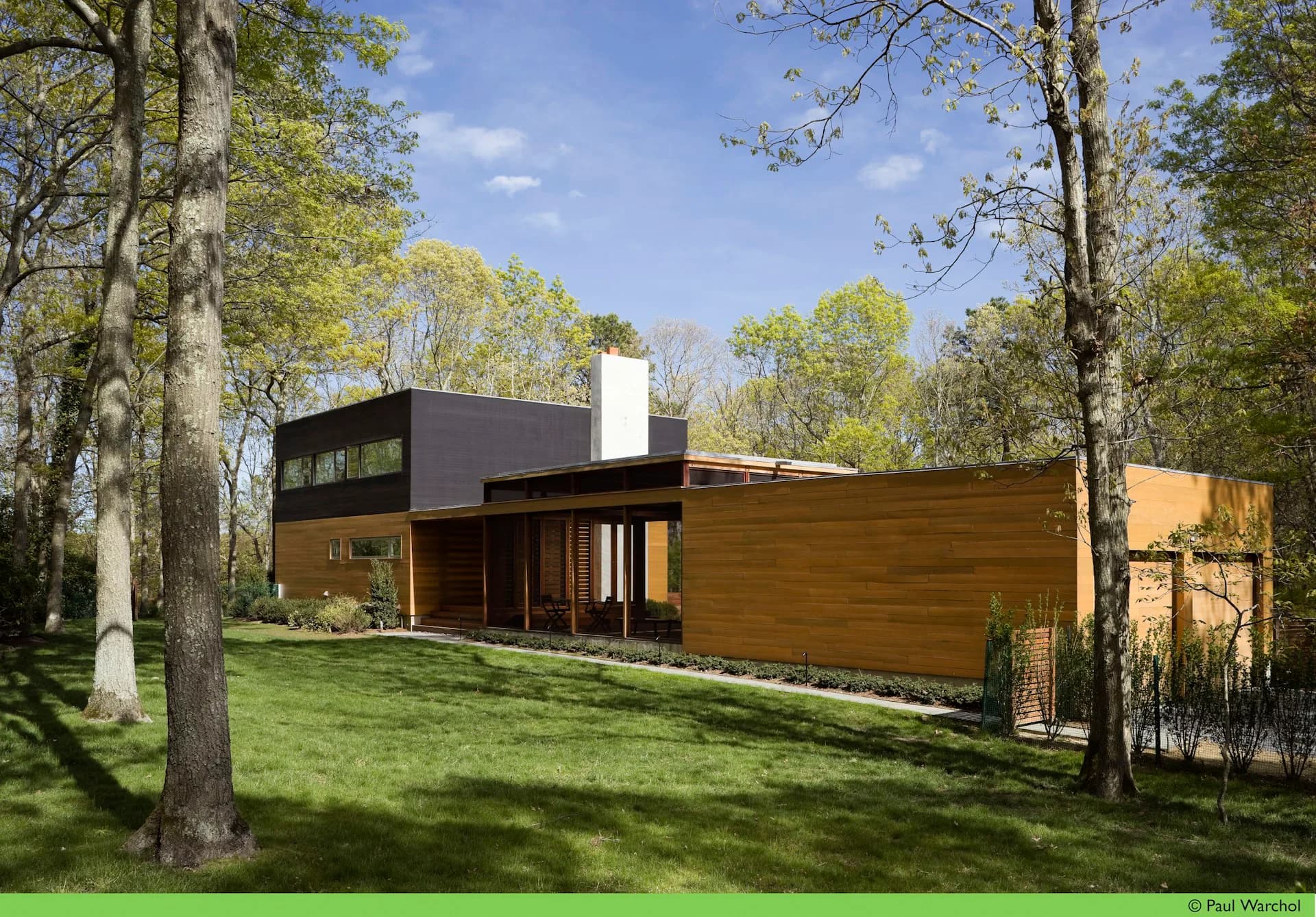 Modern residential building with dark upper level and warm wood siding nestled among mature trees on sloping green lawn, designed by Michielli + Wyetzner Architects.