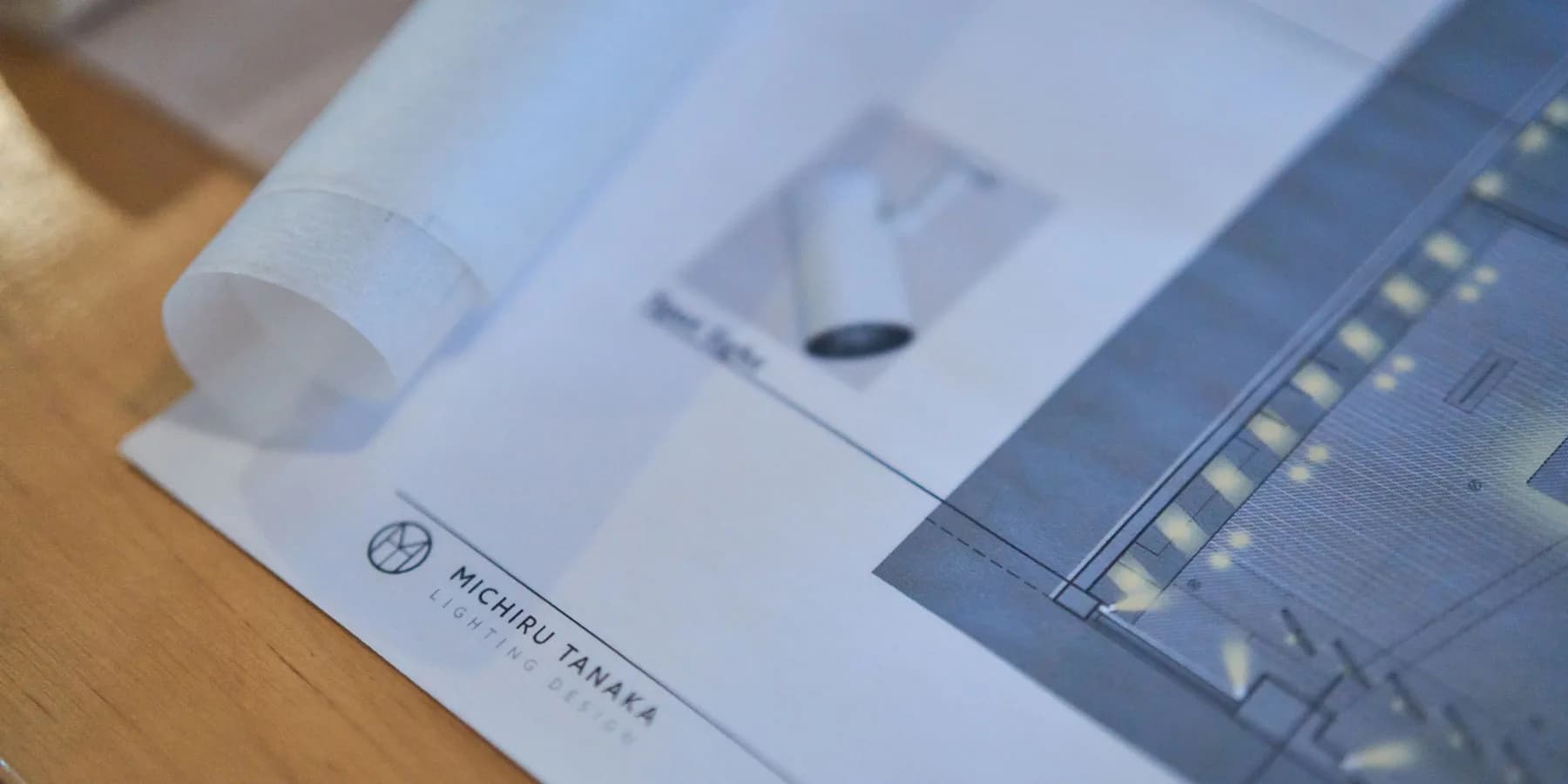 Architectural sketch and lighting design drawings with technical diagrams and plan details by Michiru Tanaka Lighting Design.