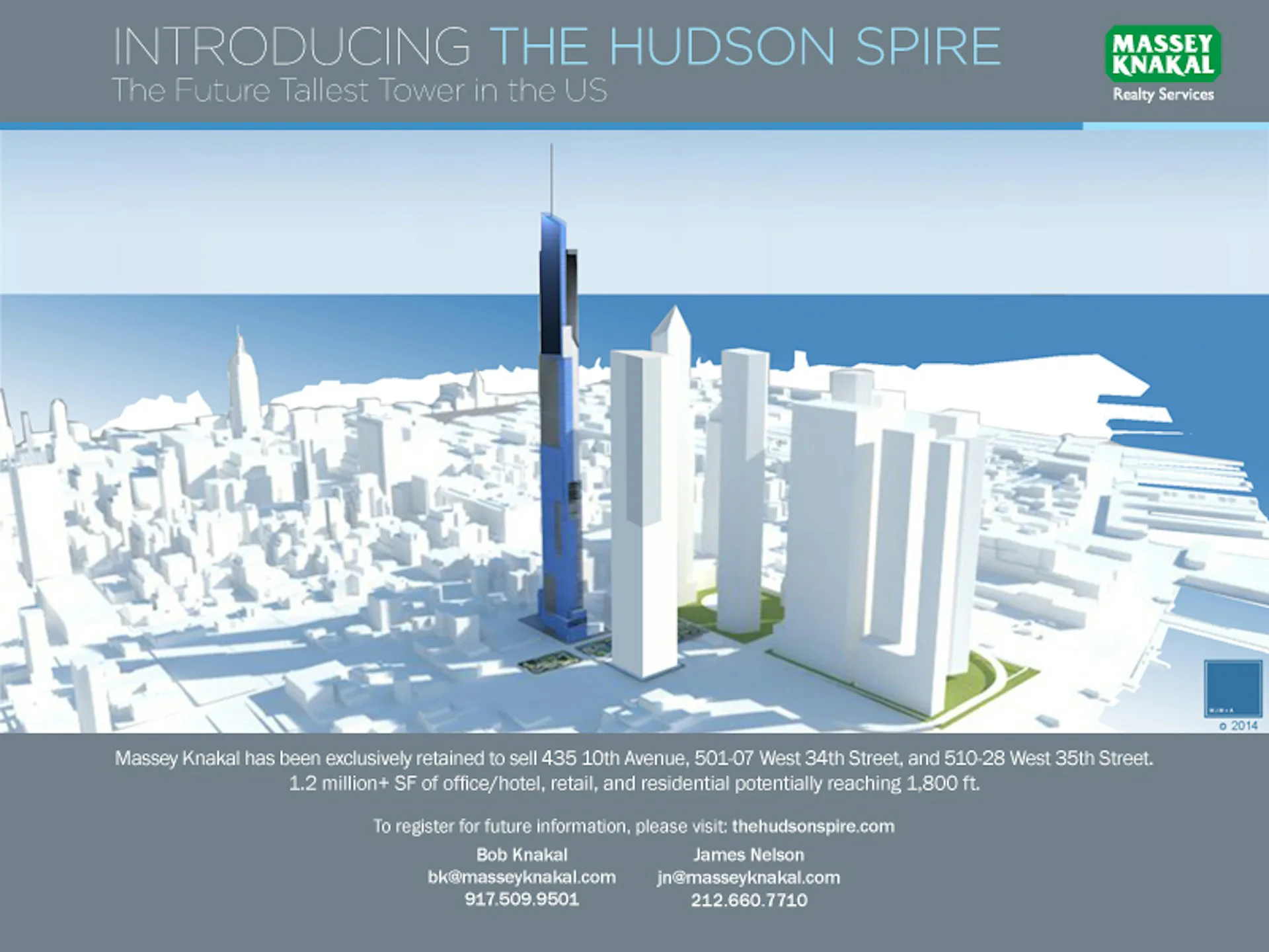 3D architectural rendering of the Hudson Spire tower in Manhattan's skyline, featuring a tall dark spire with surrounding white buildings and waterfront context by MJM+A architects, PLLC.