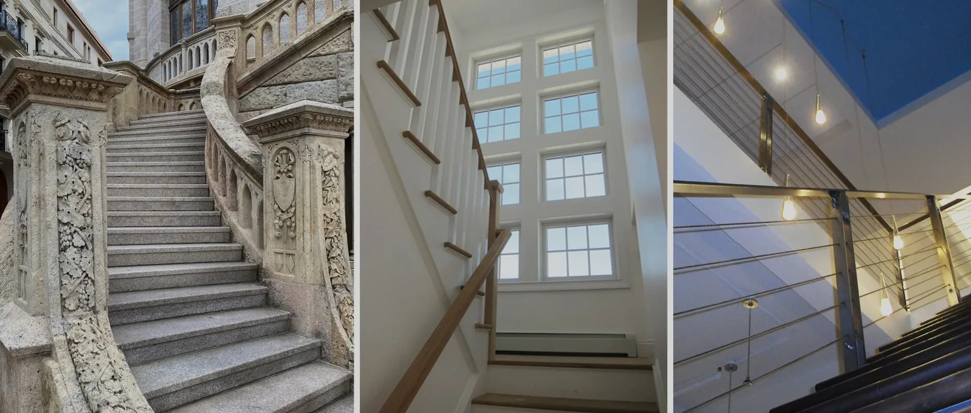 Three architectural interior details showcasing elegant staircase with ornate marble railings, modern corridor with vertical window panels, and contemporary staircase with cable railings by MJM+A architects, PLLC.