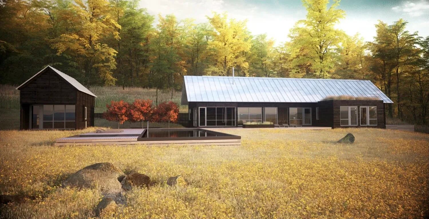 Modern rural pavilion with black and metallic silver roof nestled in golden grassland backed by forest, designed by MOREMAS.