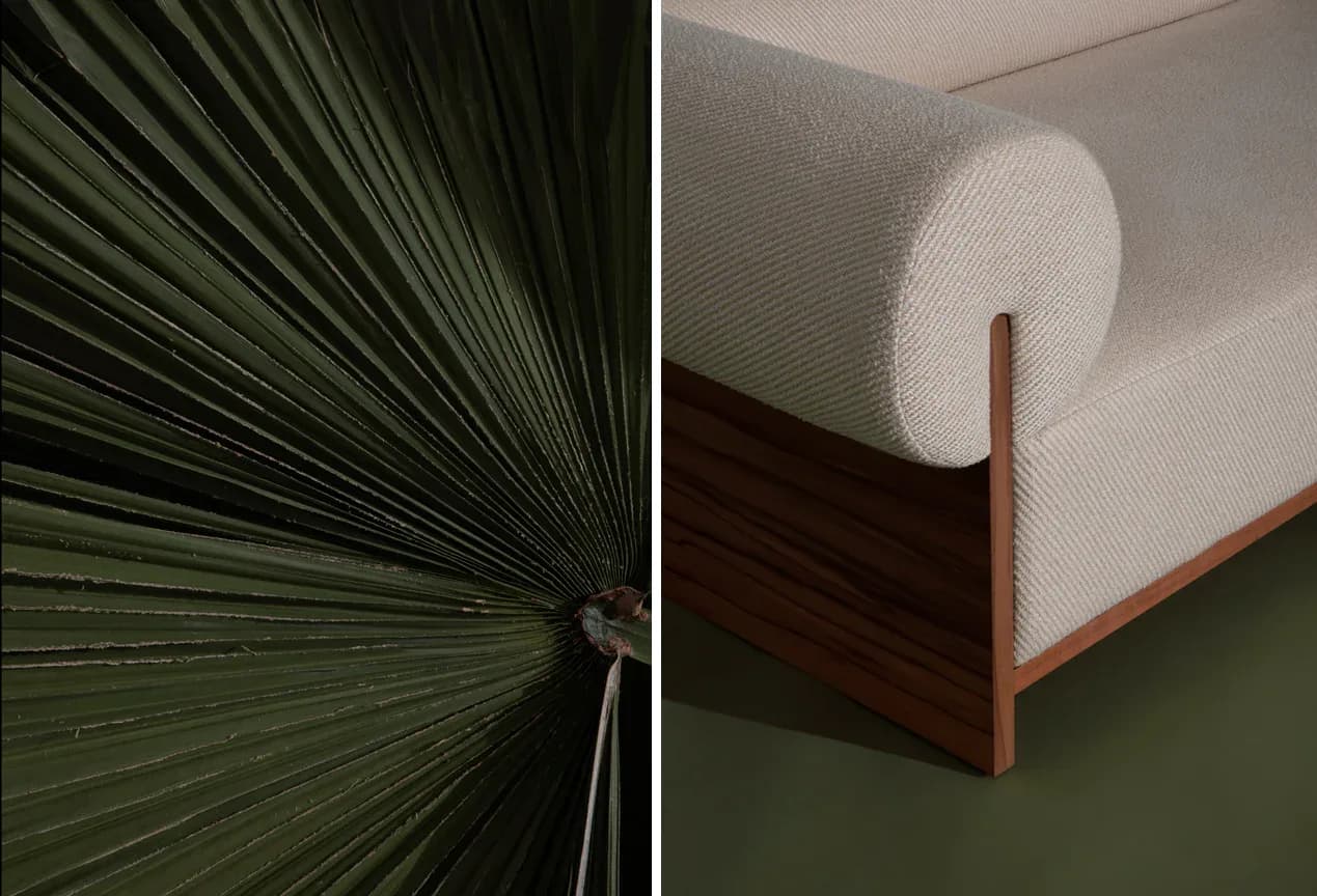 Minimalist furniture design featuring a cream upholstered chair with wooden frame and abstract green palm leaf detail, by Moving Mountains.
