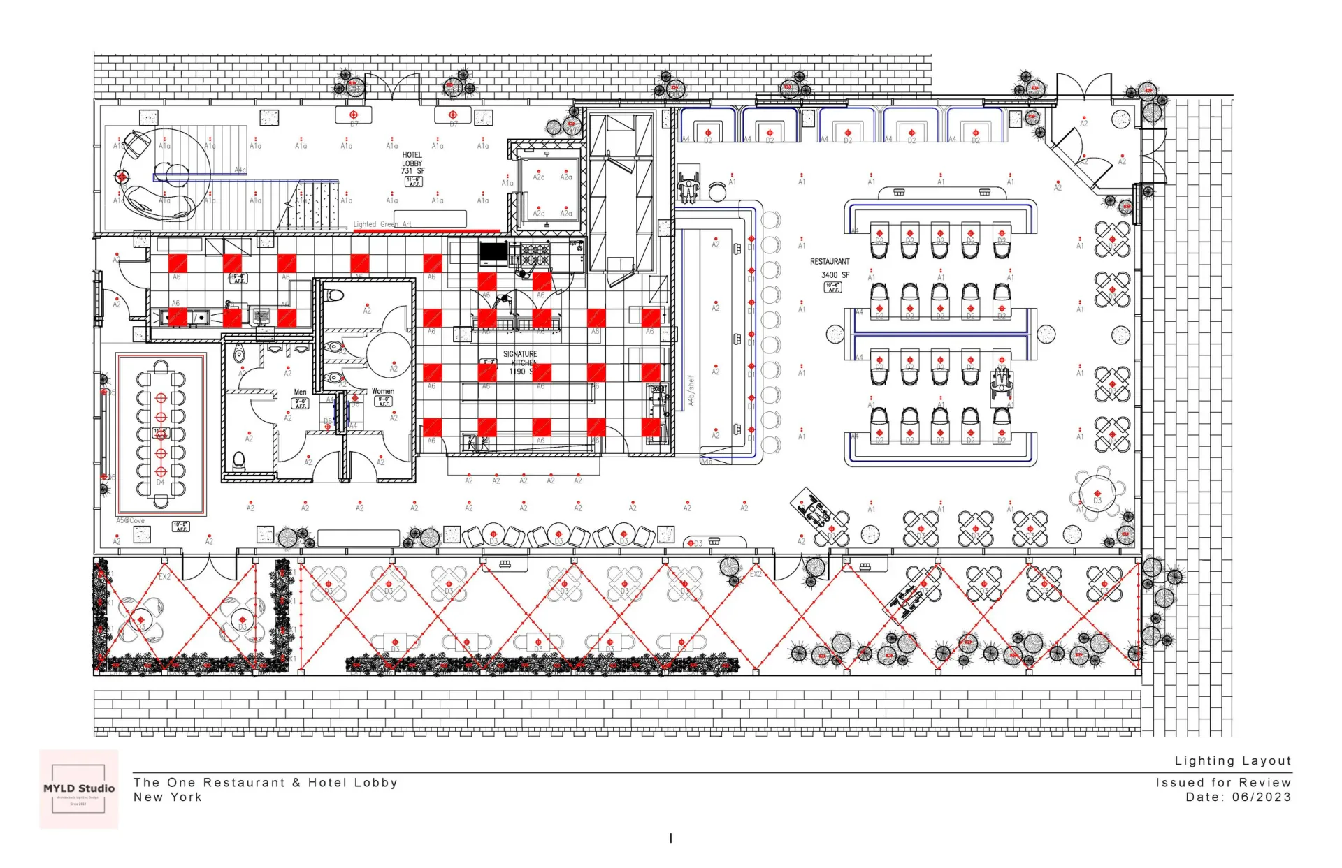 Architectural floor plan for a restaurant and lounge space featuring dining areas with red seating, bar counter, kitchen facilities, and outdoor terrace layout by MYLD Studio.