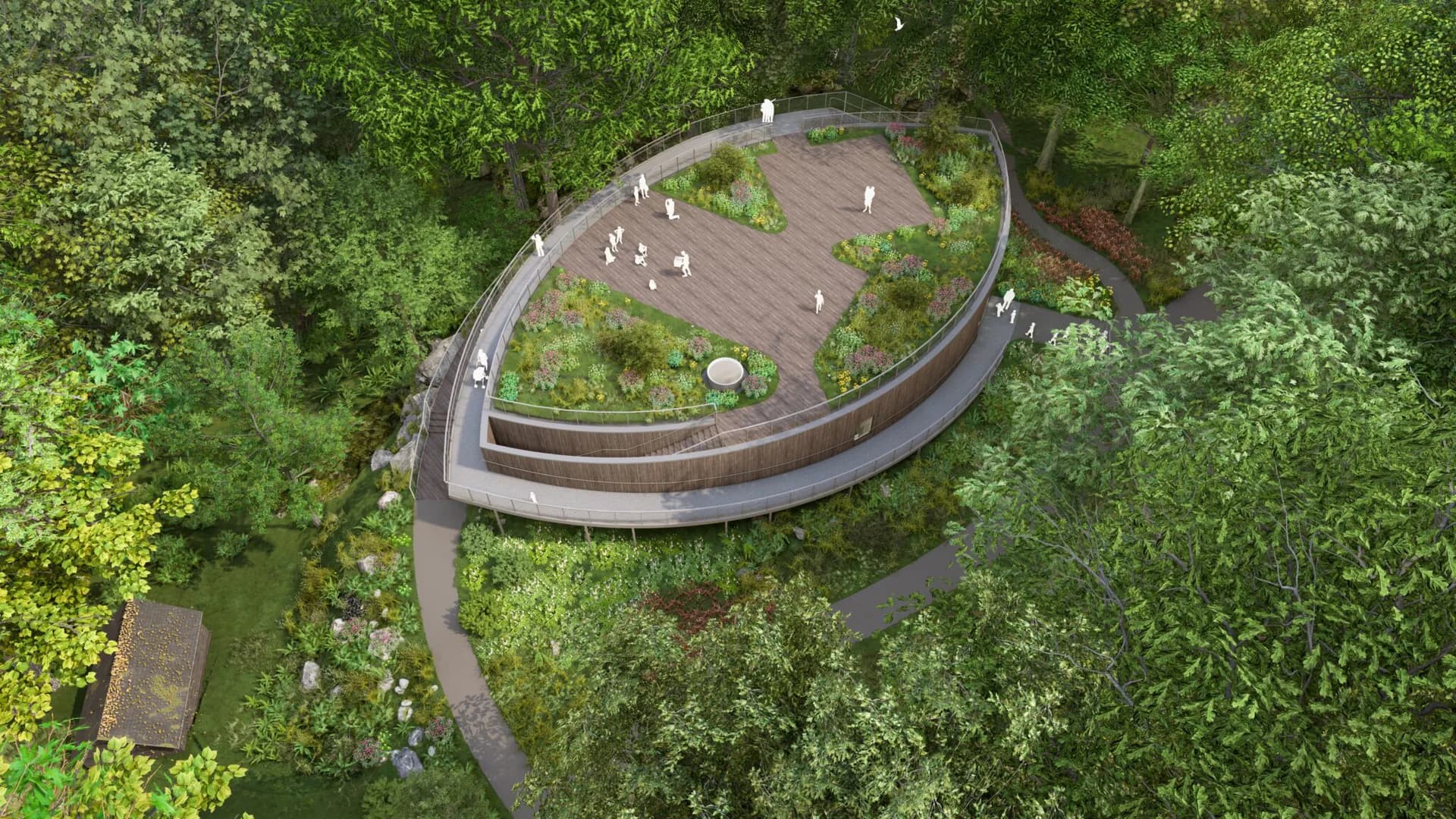 Curved wooden boardwalk pavilion nestled within dense green forest canopy, featuring organic architecture and integrated landscape design by nARCHITECTS.