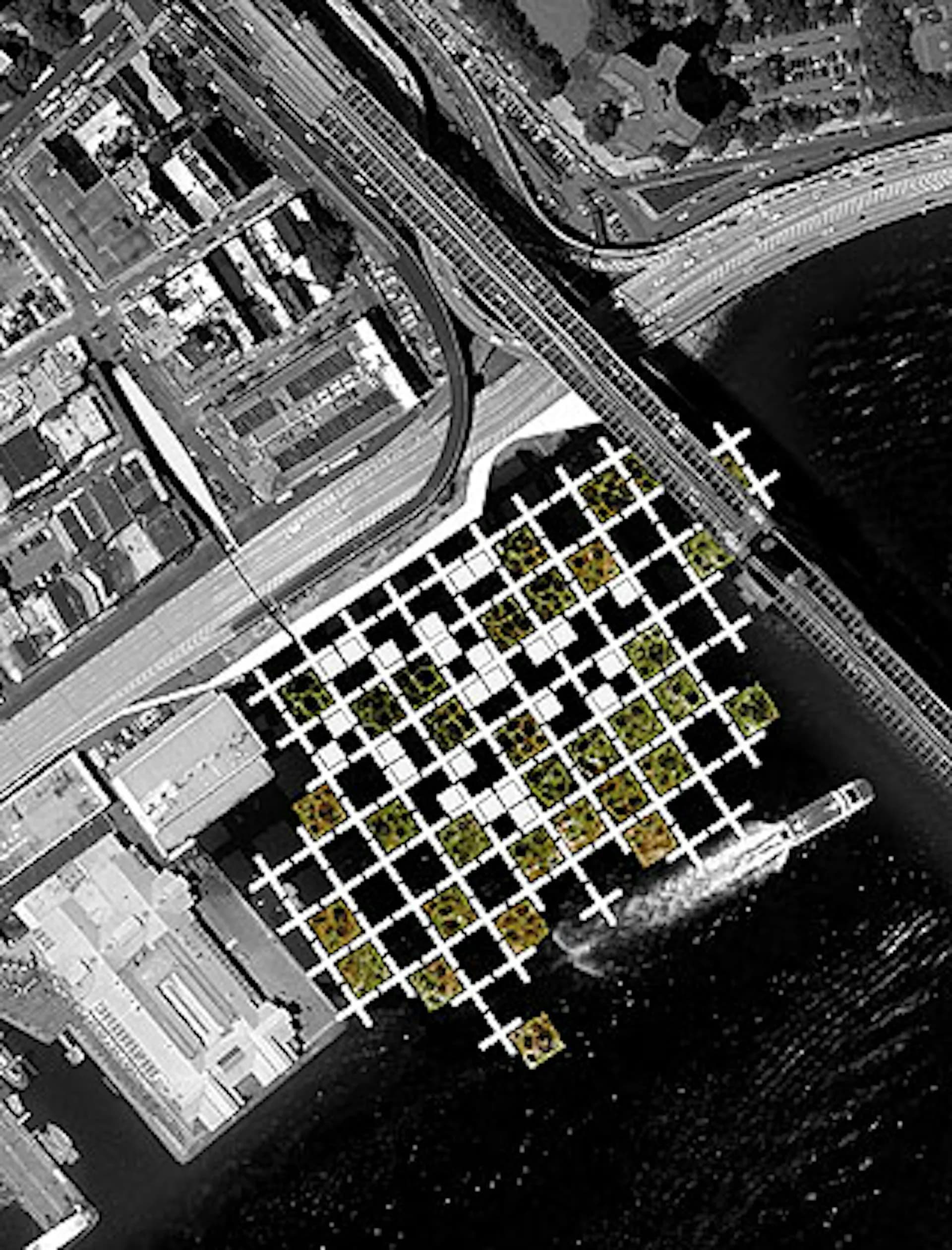 Aerial rendering of a waterfront floating platform with modular grid layout and vegetation, adjacent to industrial infrastructure by N.E.E.D.