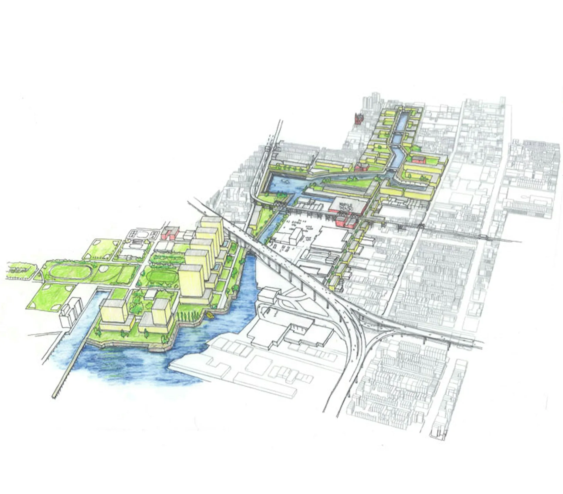 Architectural site plan with axonometric rendering showing green landscaped areas, blue water features, and building footprints overlaid on street grid by Nelligan White Architects.