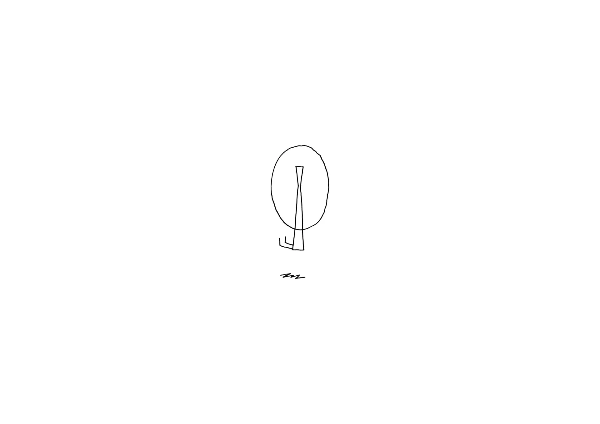 Minimalist line drawing of a simple pendant lamp with an oval shade and vertical tube element, rendered in clean sketch style by nendo.