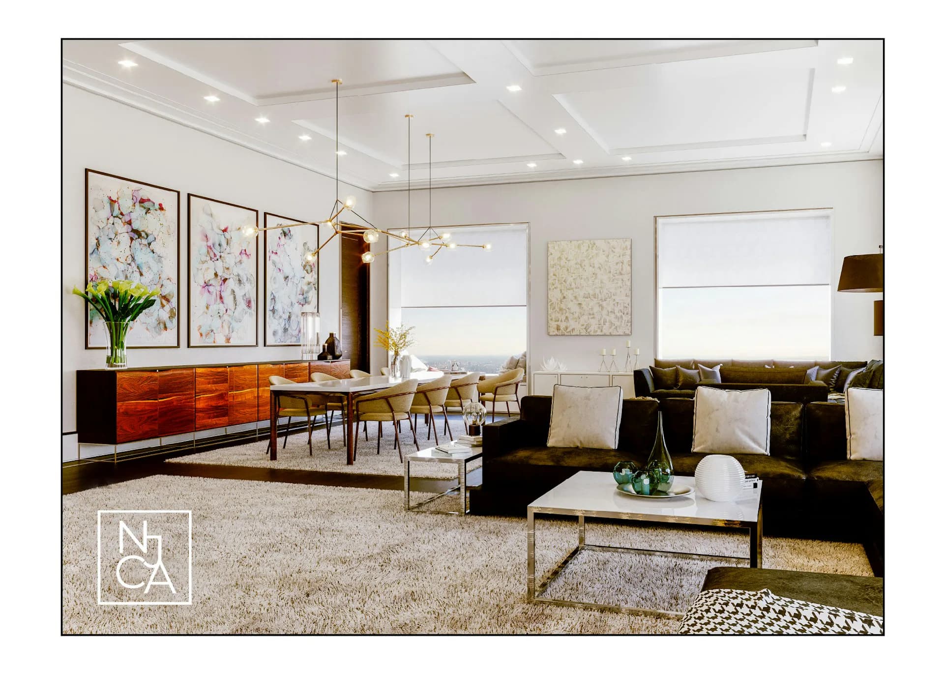 Modern luxury living room with warm wood tones, black sectional sofa, mid-century dining table, natural light from large windows, and contemporary art by NJ Caine Architecture.