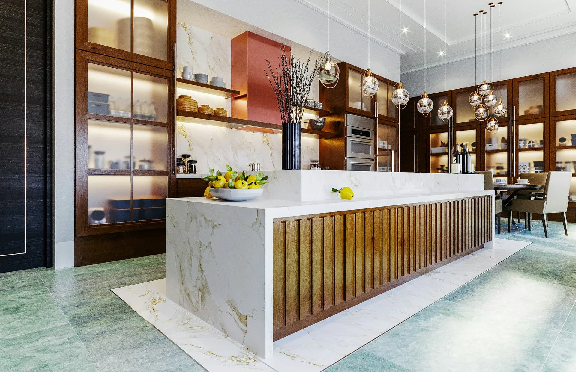 Modern luxury retail reception desk with white marble base, brass vertical slats, and warm wood shelving in soft green and cream tones by NJ Caine Architecture.