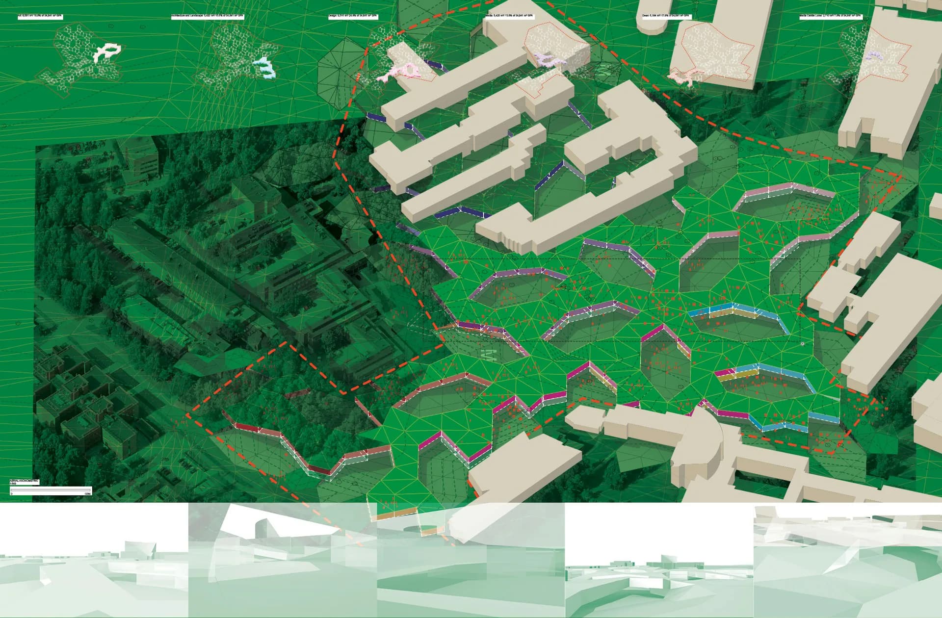 Aerial site plan showing landscaped grounds with winding pathways, white building footprints, and green vegetation areas by NO ARCHITECTURE.