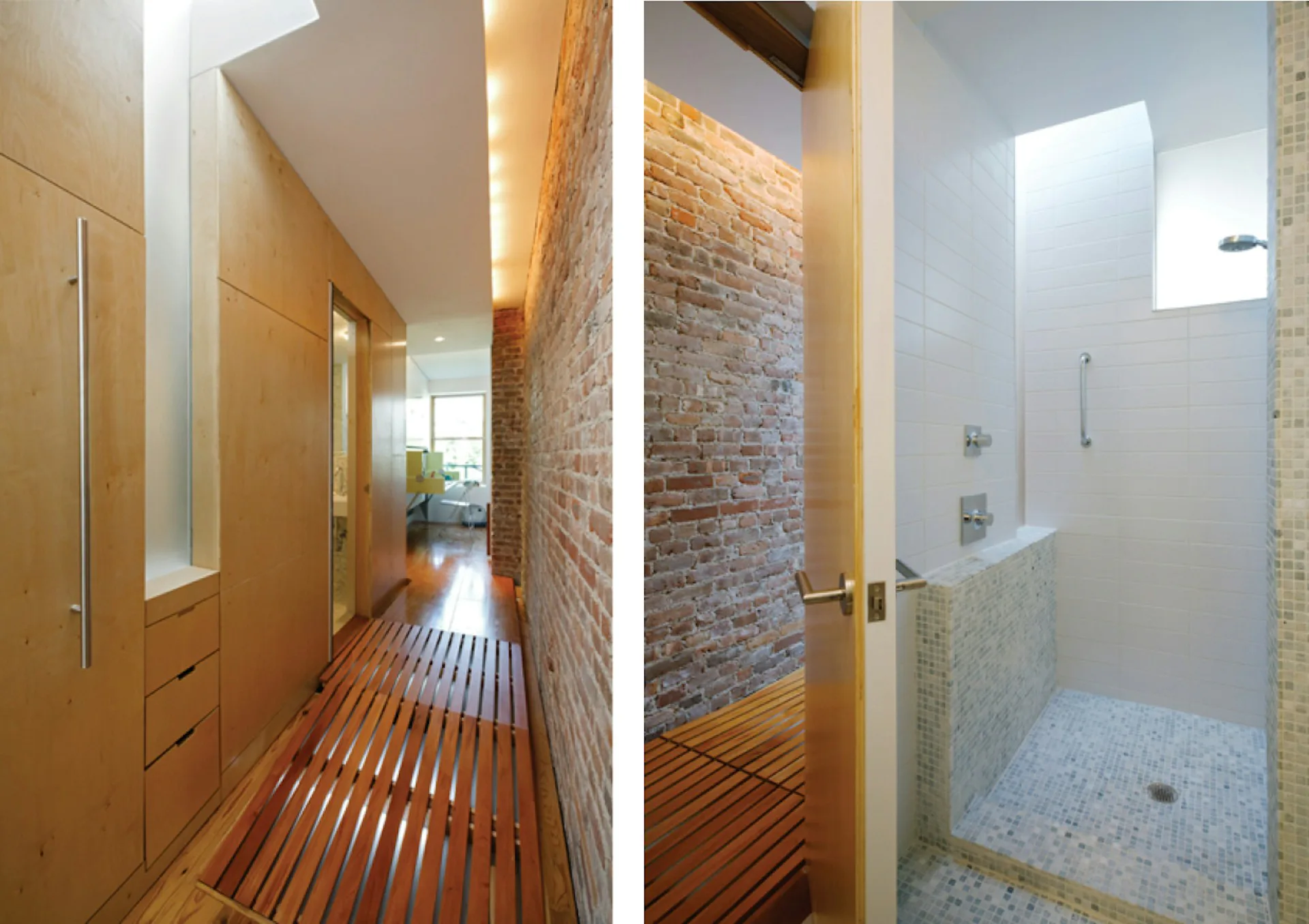 Two views of a residential renovation featuring a wooden-floored hallway with exposed brick wall and a modern shower enclosure with stone tile by noroof architects.