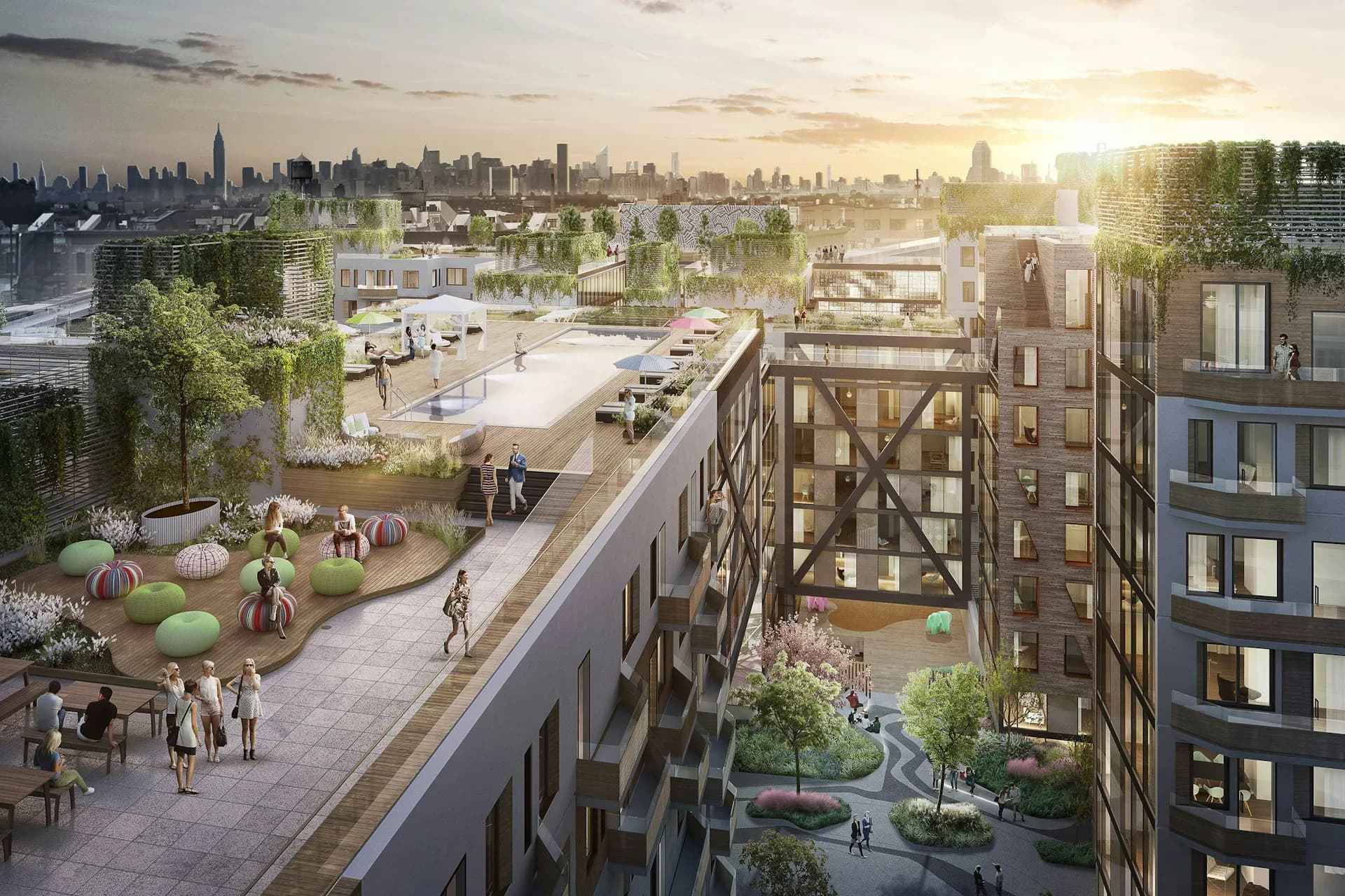 Rooftop terrace with green spaces, seating areas, and Manhattan skyline view in golden sunset light, architectural rendering by ODA.