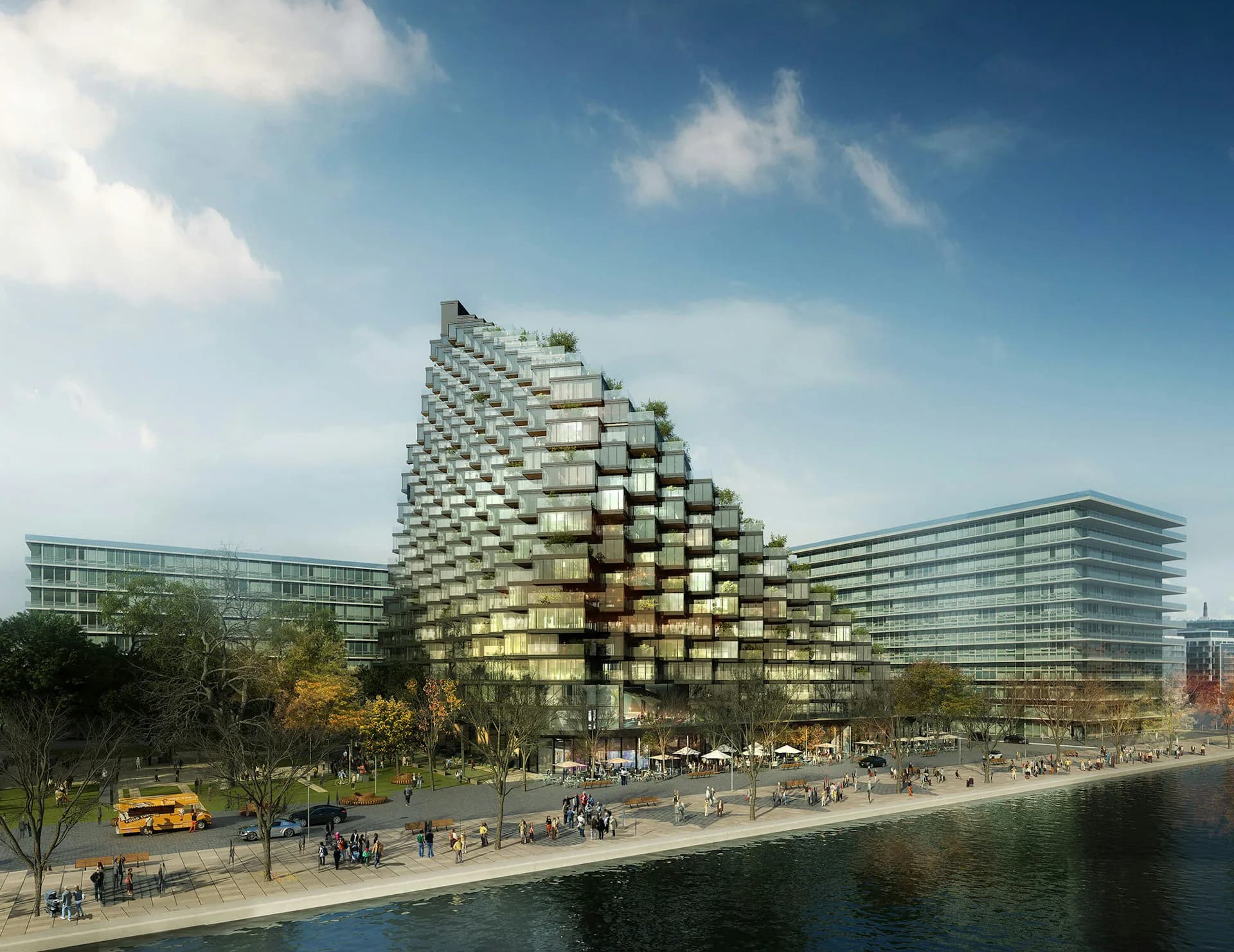 Stepped pyramidal tower with stacked golden-toned blocks rises along waterfront plaza with pedestrians and landscaping, by ODA.