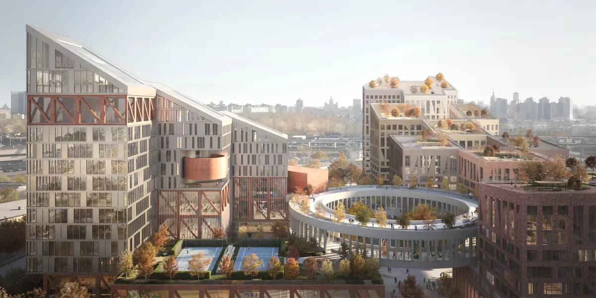 Aerial urban development rendering showing mixed-use buildings with distinctive architectural facades, rooftop amenities, and cityscape views by ODA New York.