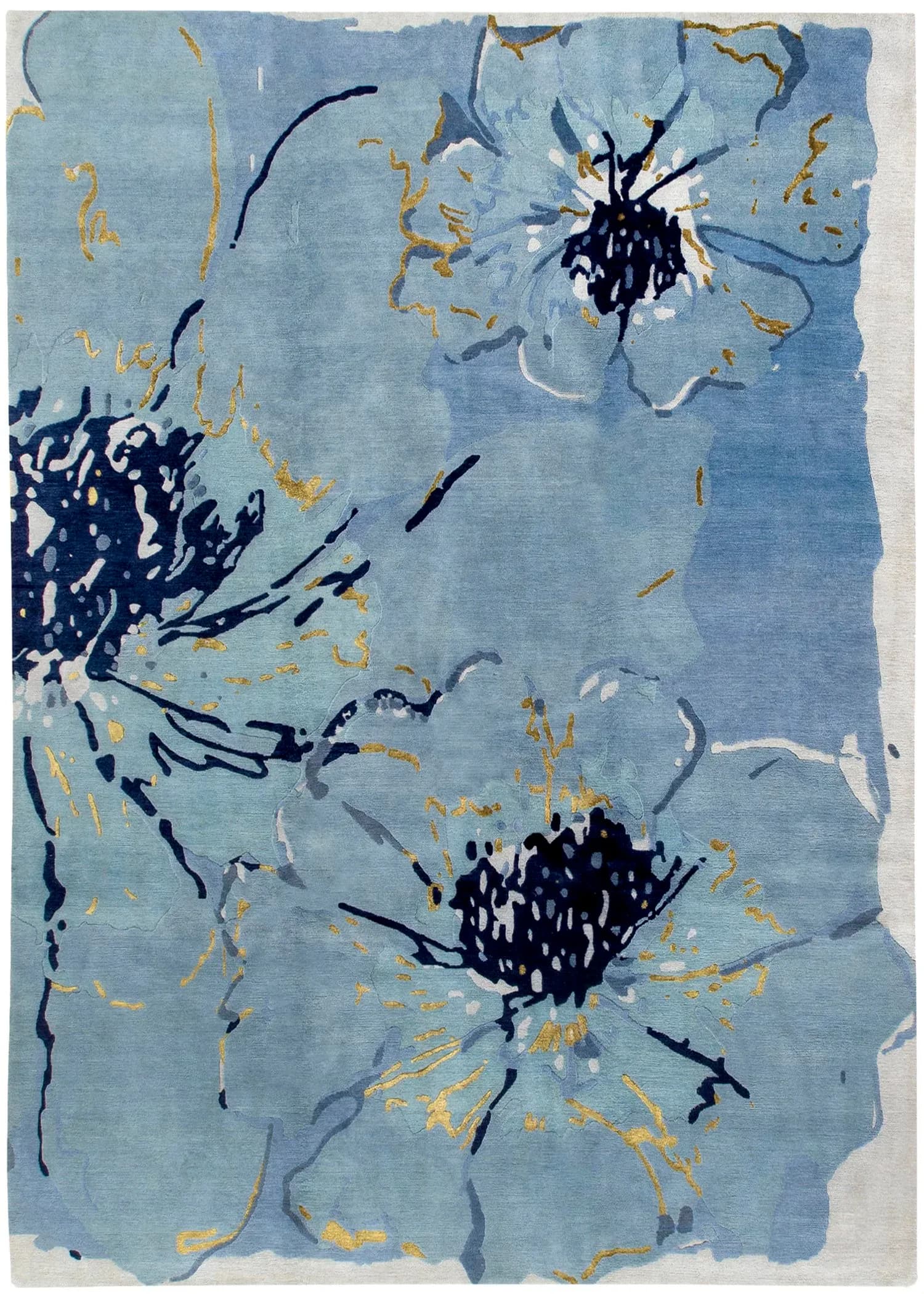 Blue wool carpet featuring hand-tufted flowers with dark navy centers, golden accents, and organic brush strokes by Odegard Carpets.