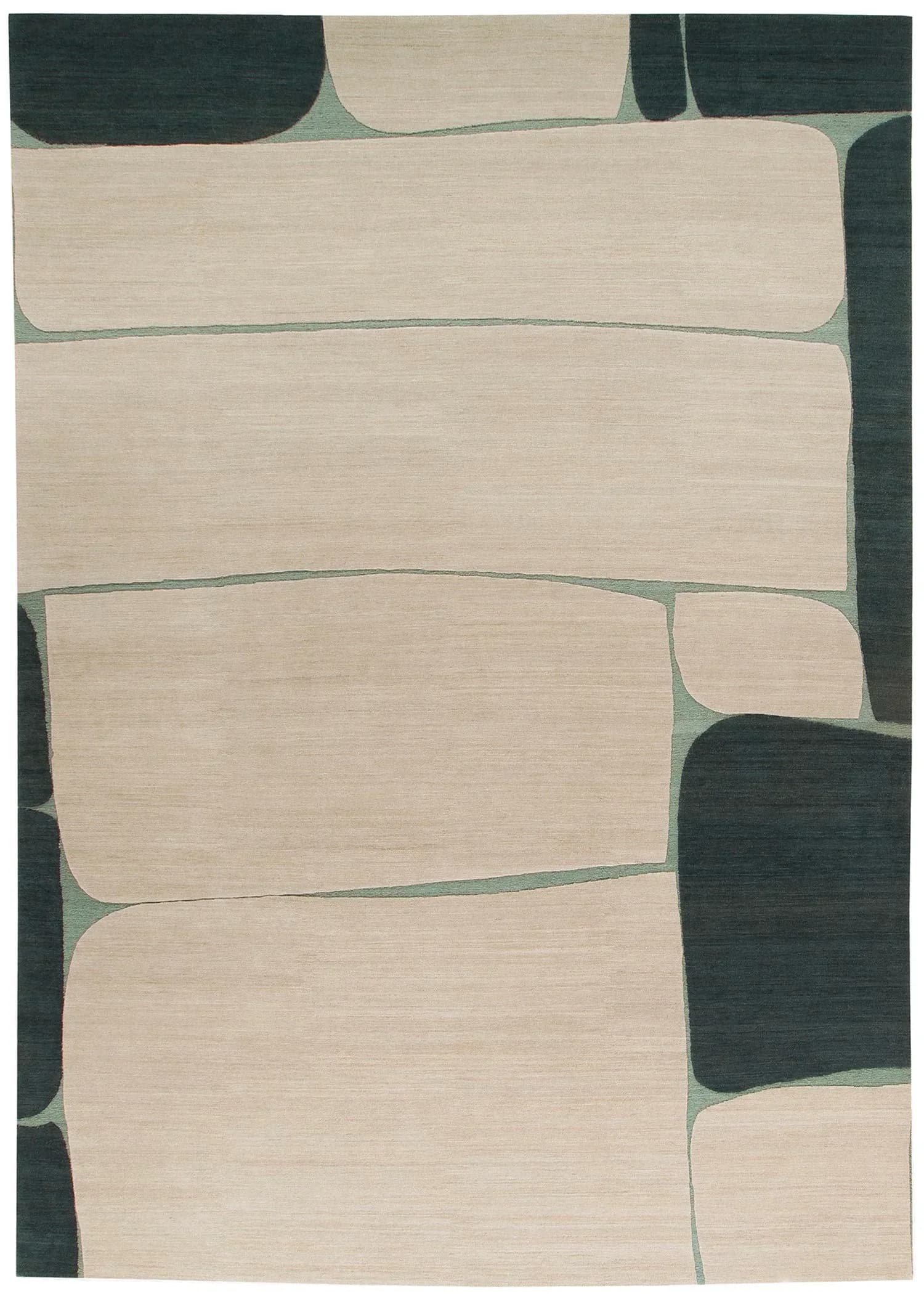 Abstract geometric wool rug in cream and dark green with curved rectangular forms and organic line details, designed by Odegard Carpets.