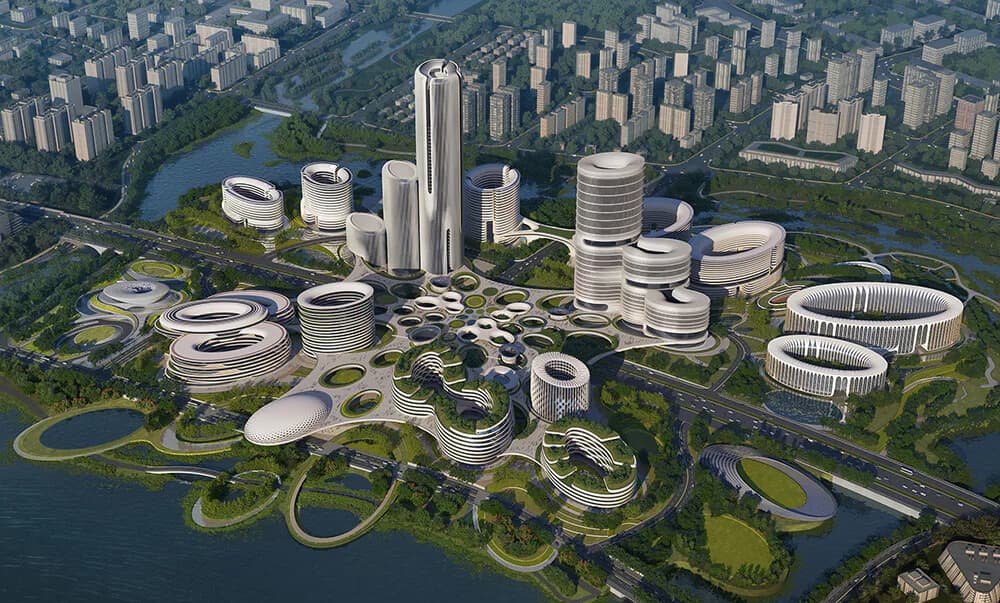 Aerial architectural rendering of a mixed-use waterfront development featuring curved cylindrical towers, organic landscaping with water features, and residential buildings integrated with parkland by Office for Visual Interaction (OVI).