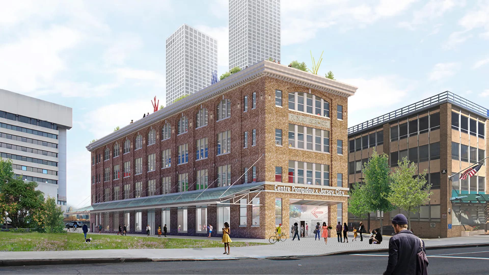Architectural rendering of a restored brick building with ground-floor retail and upper residential floors, positioned among modern towers by OMA New York.