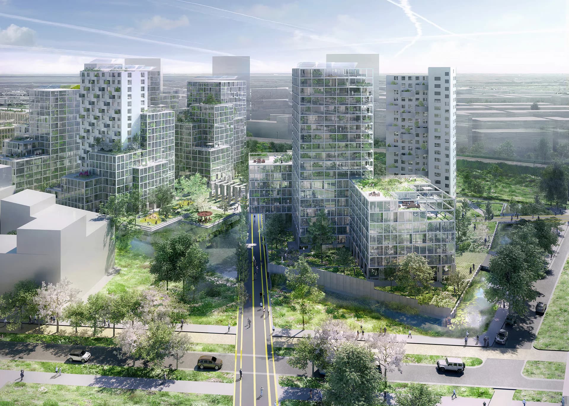 Aerial view of a mixed-use urban development with residential towers, green courtyards, and tree-lined streets by OMA New York.