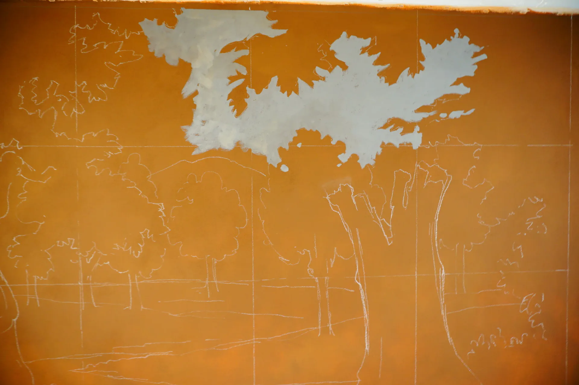 Architectural elevation drawing with orange background showing building facade sketches and a white site plan map at top by Open Shop Arts.